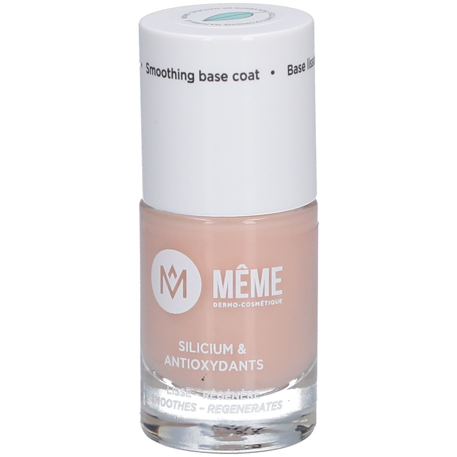 Nagelbase mit weißem Deckel. Aufschrift: MEME, Silicium & Antioxidantien. Base lissante. Glättende Nagelbase.