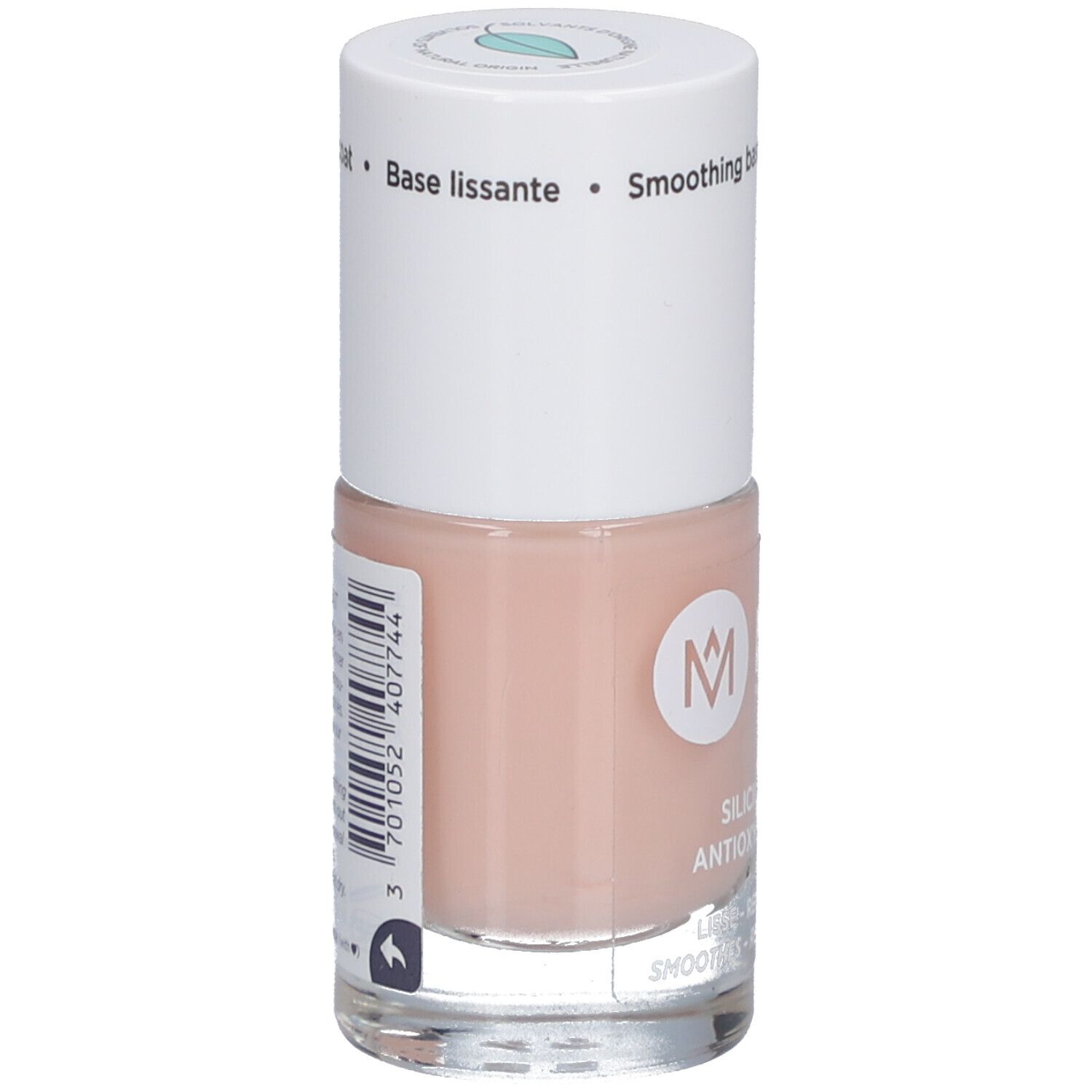 Nagelbase mit weißem Deckel. Aufschrift: MEME, Silicium & Antioxidantien. Base lissante. Glättende Nagelbase.