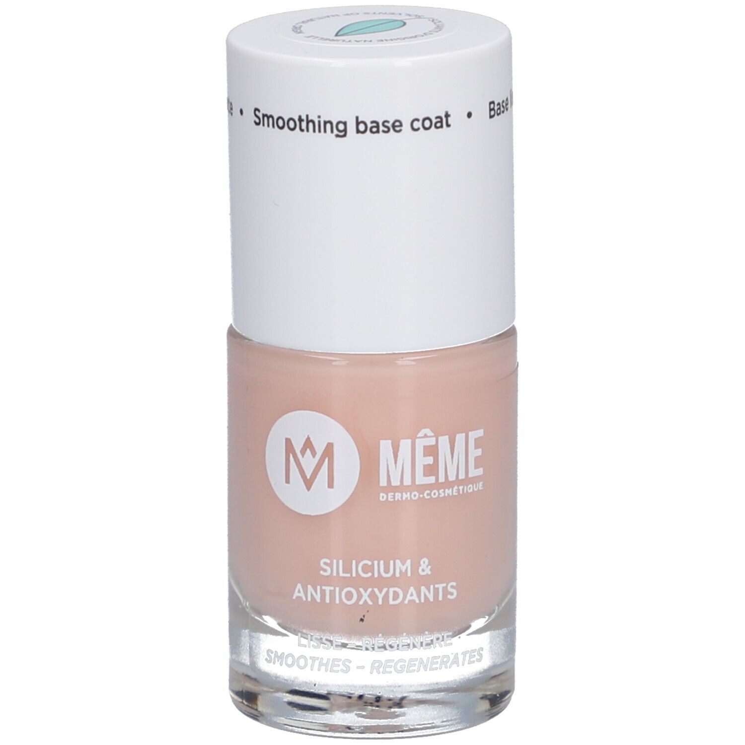 Nagelbase mit weißem Deckel. Aufschrift: MEME, Silicium & Antioxidantien. Base lissante. Glättende Nagelbase.