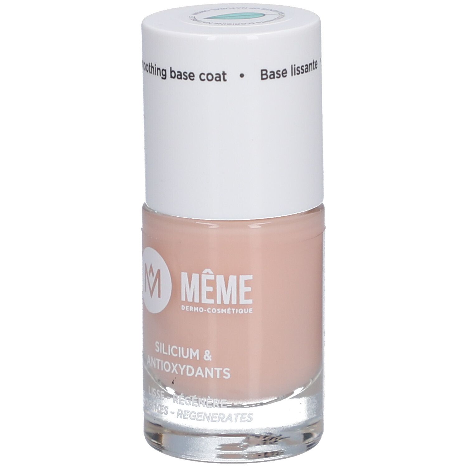 Nagelbase mit weißem Deckel. Aufschrift: MEME, Silicium & Antioxidantien. Base lissante. Glättende Nagelbase.