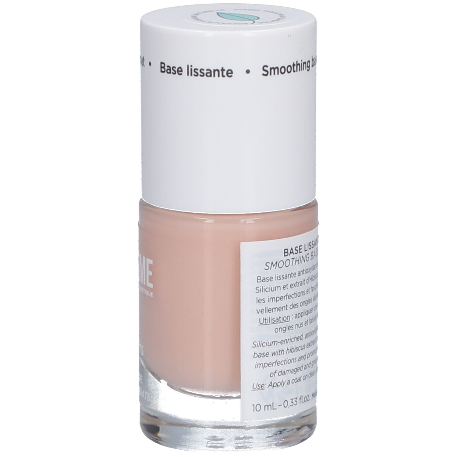 Nagelbase mit weißem Deckel. Rückseite mit Text. Aufschrift: Base lissante. Glättende Nagelbase.