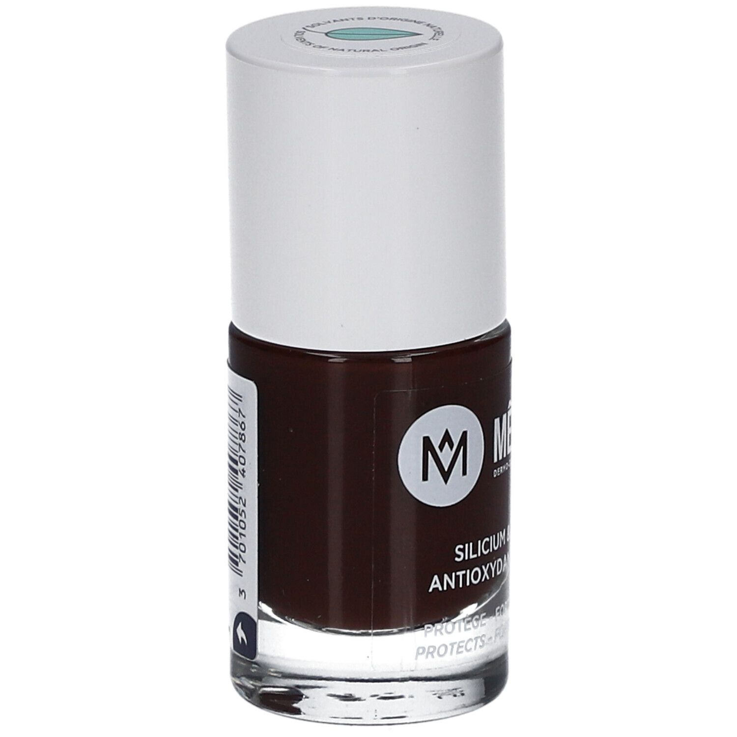 Nagellackflasche, braune Farbe, weißer Deckel. Etikett mit Informationen.
