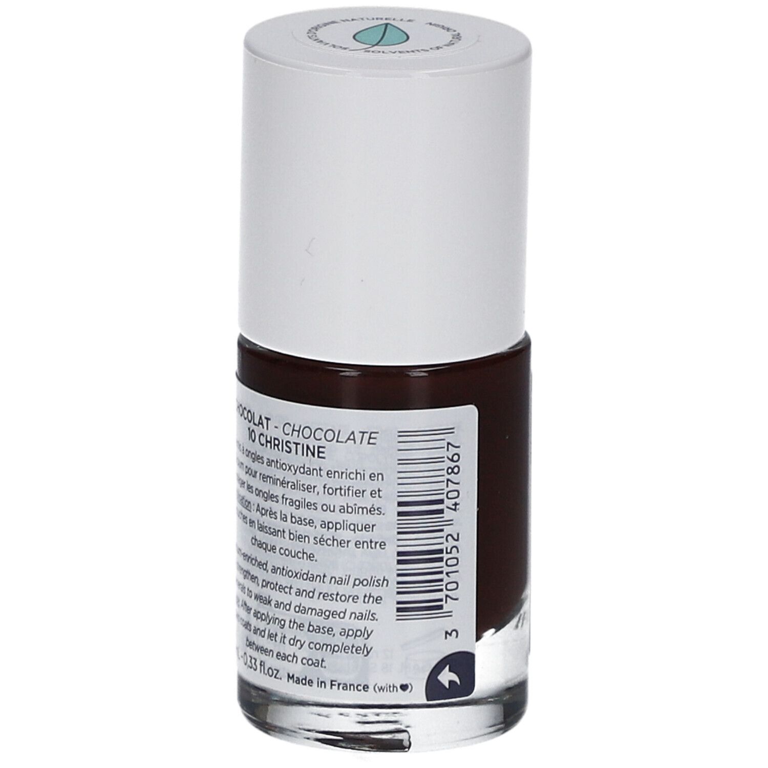 Nagellackflasche, braune Farbe, weißer Deckel. Etikett mit Produktinformationen: Choclat 10 Christine.