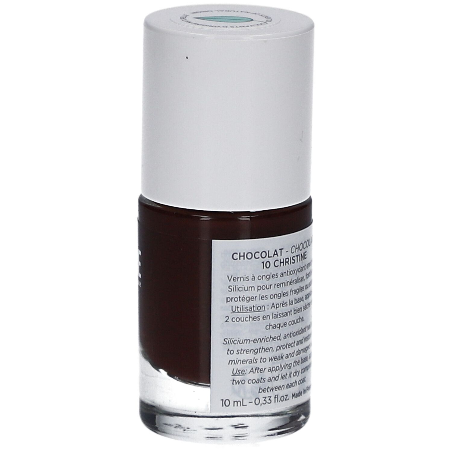Nagellackflasche, braune Farbe, weißer Deckel. Etikett mit Produktinformationen: Choclat 10 Christine, 10 ml.