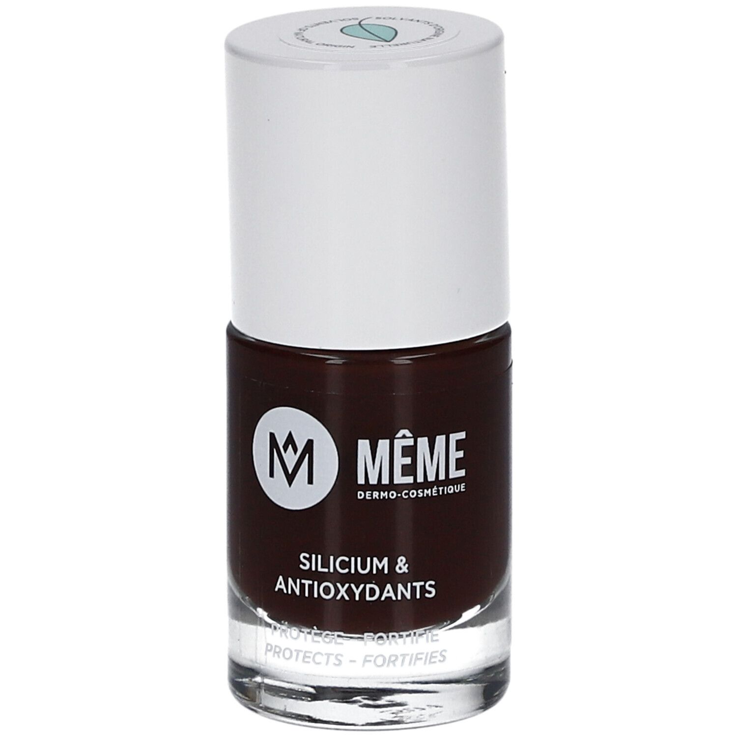 Nagellackflasche, braune Farbe, weißer Deckel. Marke MÊME, Silicium & Antioxidantien.