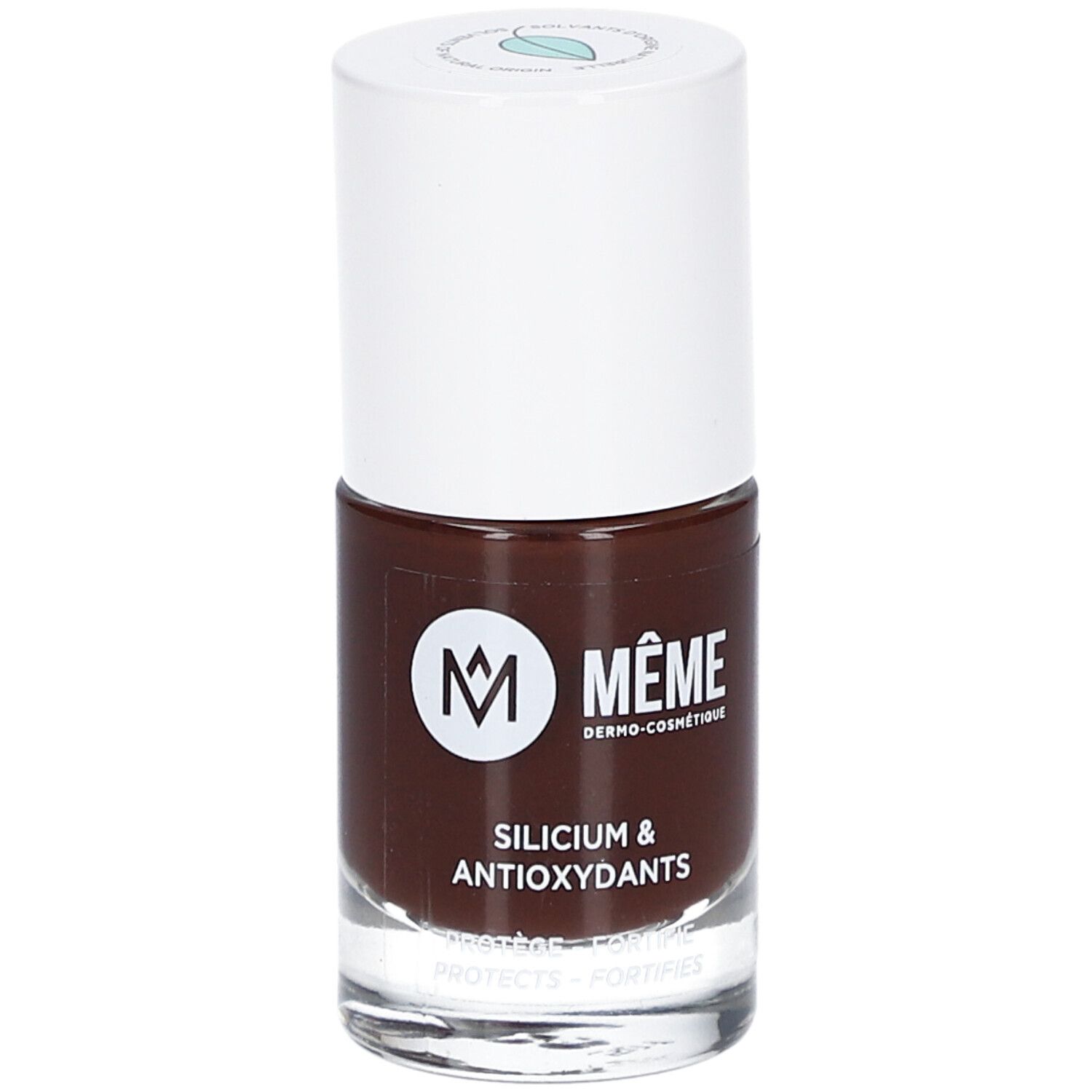 Nagellackflasche, braune Farbe, weißer Deckel. Marke MÊME, Silicium & Antioxidantien.