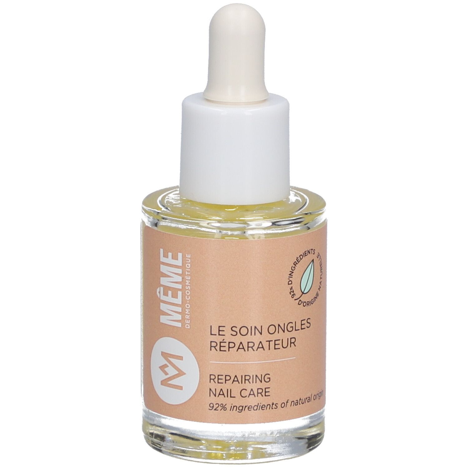 Glasflasche mit Nagelpflegeöl. Weißer Deckel mit Pipette. Etikett mit Text: Repairing Nail Care, 92% natürliche Inhaltsstoffe.