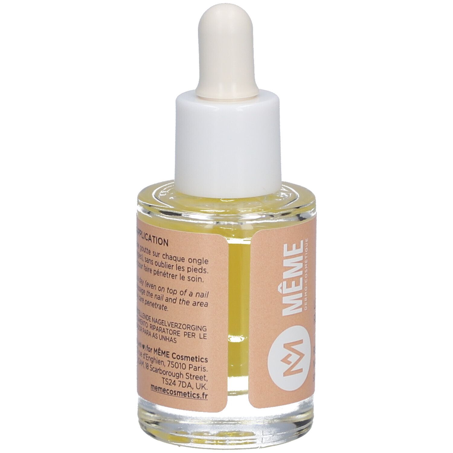 Glasflasche mit Nagelpflegeöl. Rückseite mit Etikett. Text: Anwendung, Nagelpflege, hergestellt für MEME Cosmetics.