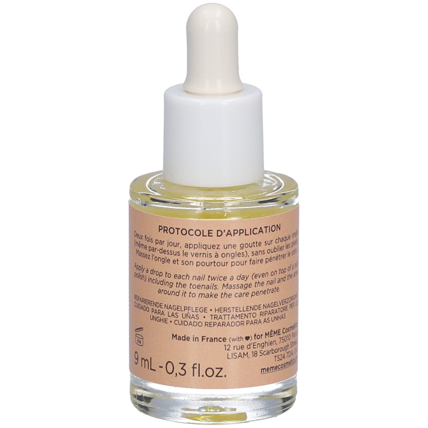 Glasflasche mit Nagelpflegeöl. Etikett mit Text: Anwendung, Nagelpflege, 9 ml - 0,3 fl.oz.