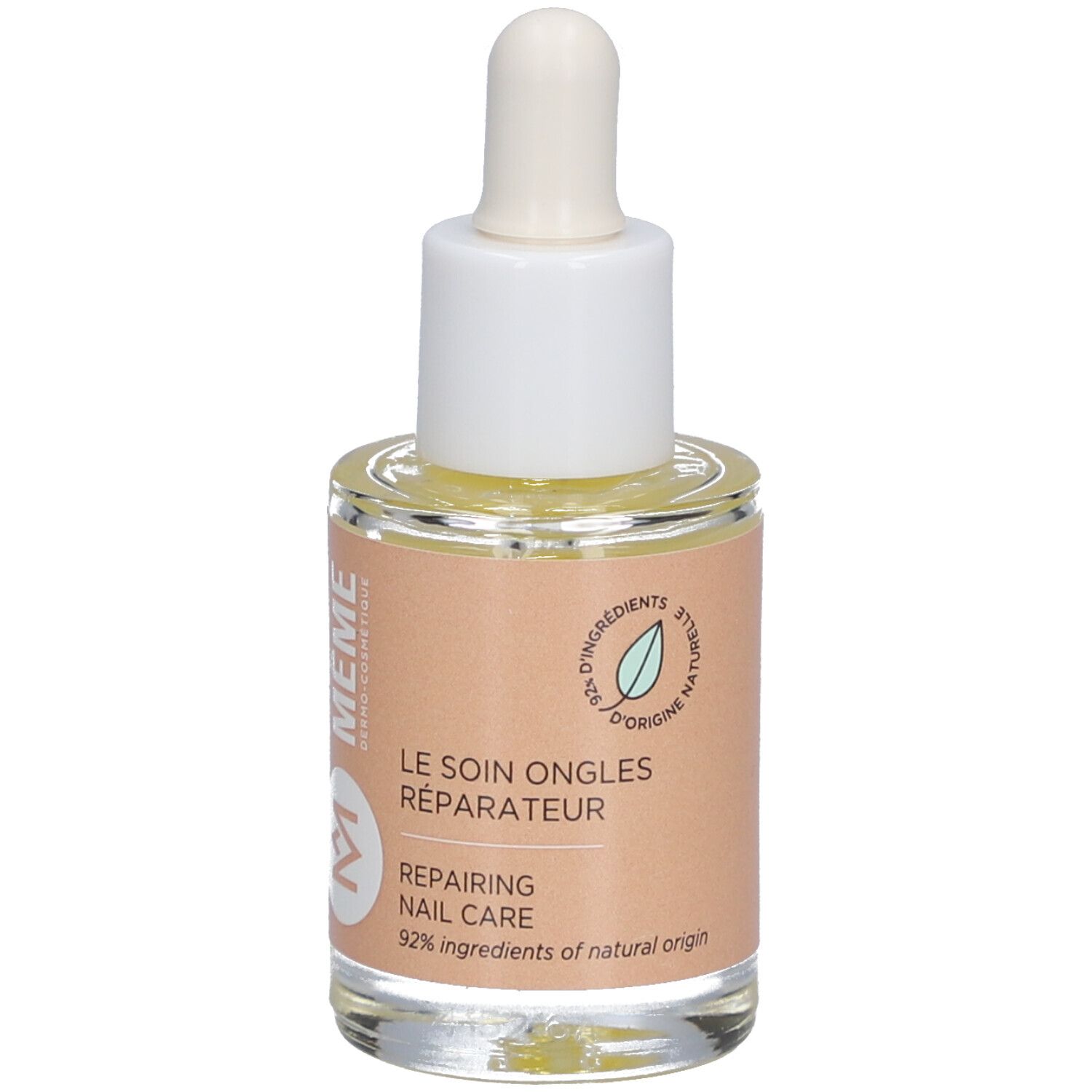 Glasflasche mit Nagelpflegeöl. Etikett mit Text: Repairing Nail Care, 92% natürliche Inhaltsstoffe, Blatt-Symbol.