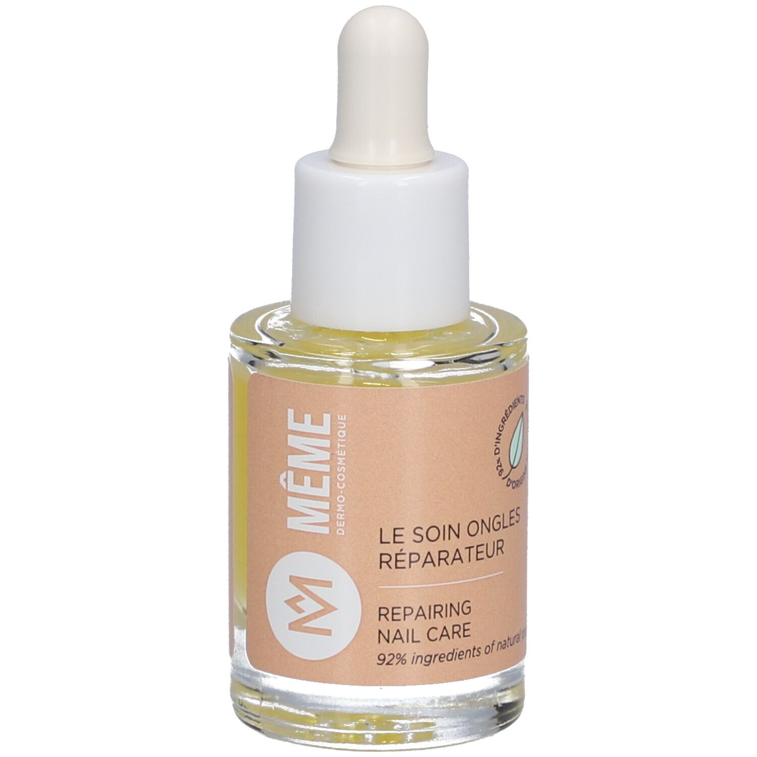 Glasflasche mit Nagelpflegeöl. Etikett mit Text: Repairing Nail Care, 92% natürliche Inhaltsstoffe, Blatt-Symbol.