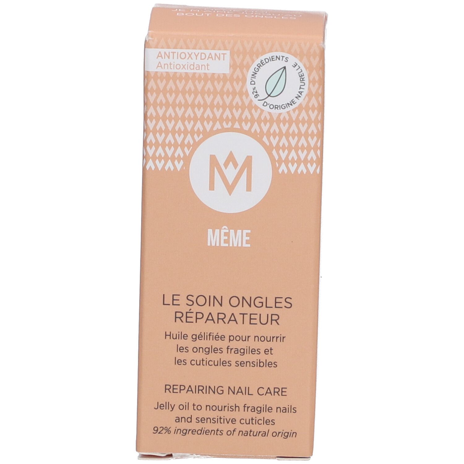 Verpackung für Nagelpflegeöl. Text: Antioxidant, Repairing Nail Care, 92% natürliche Inhaltsstoffe, Blatt-Symbol.