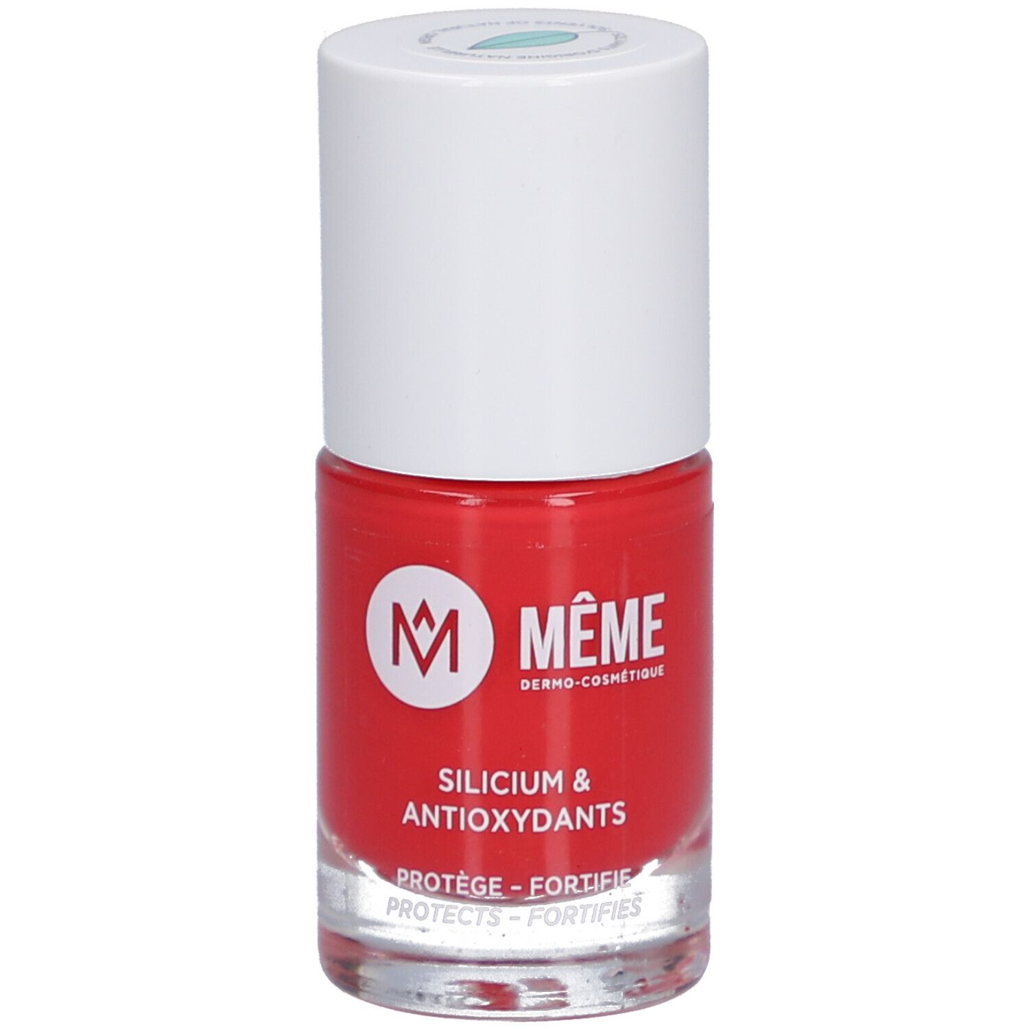 Rote Nagellackflasche mit weißem Deckel. Aufschrift: MEME, Silicium & Antioxidantien.