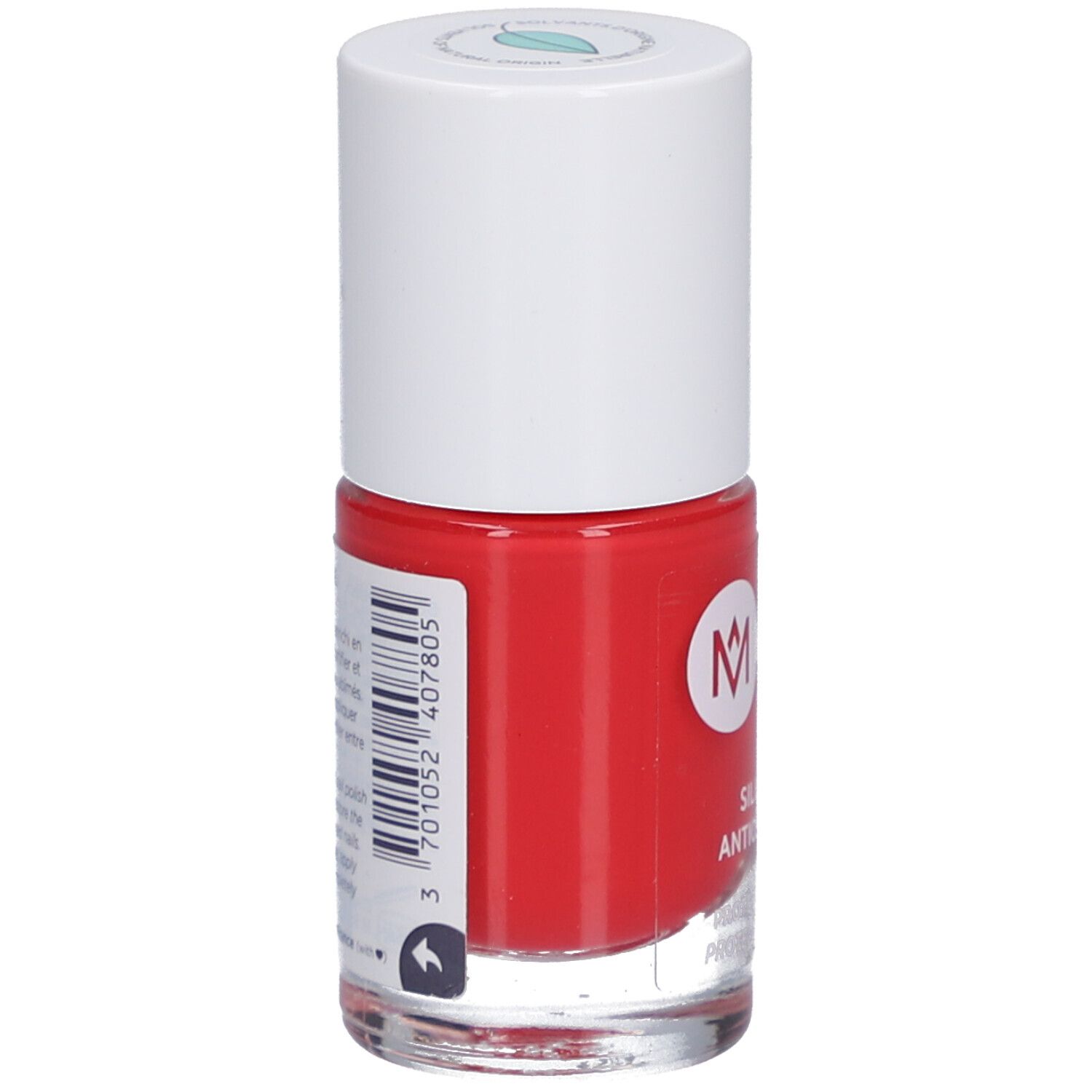 Rote Nagellackflasche mit weißem Deckel. Barcode und Produktinformationen auf der Rückseite.