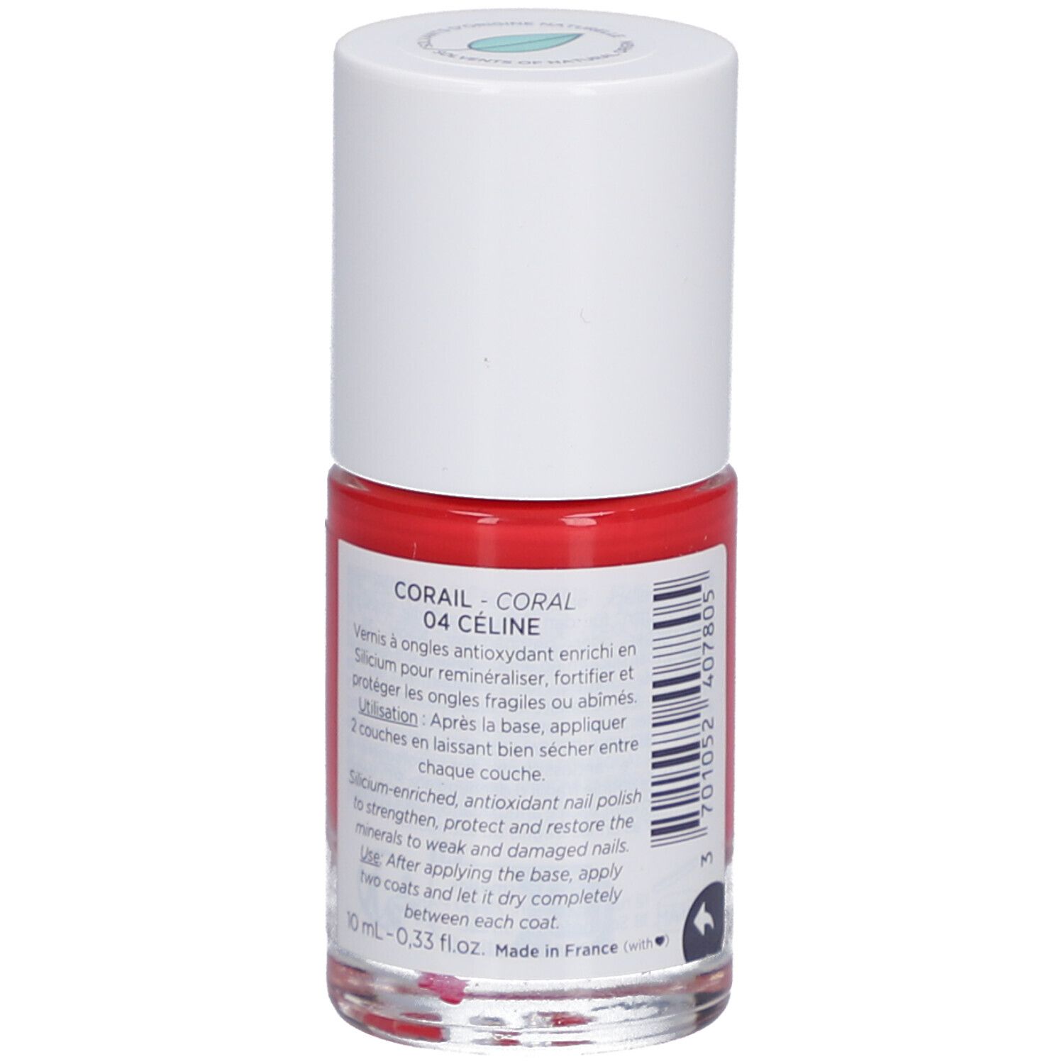 Rote Nagellackflasche mit weißem Deckel. Produktinformationen auf der Rückseite, Farbton: 04 Corail.