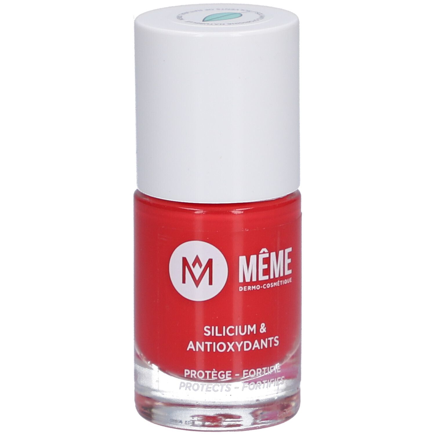 Rote Nagellackflasche mit weißem Deckel. Aufschrift: MEME, Silicium & Antioxidantien.