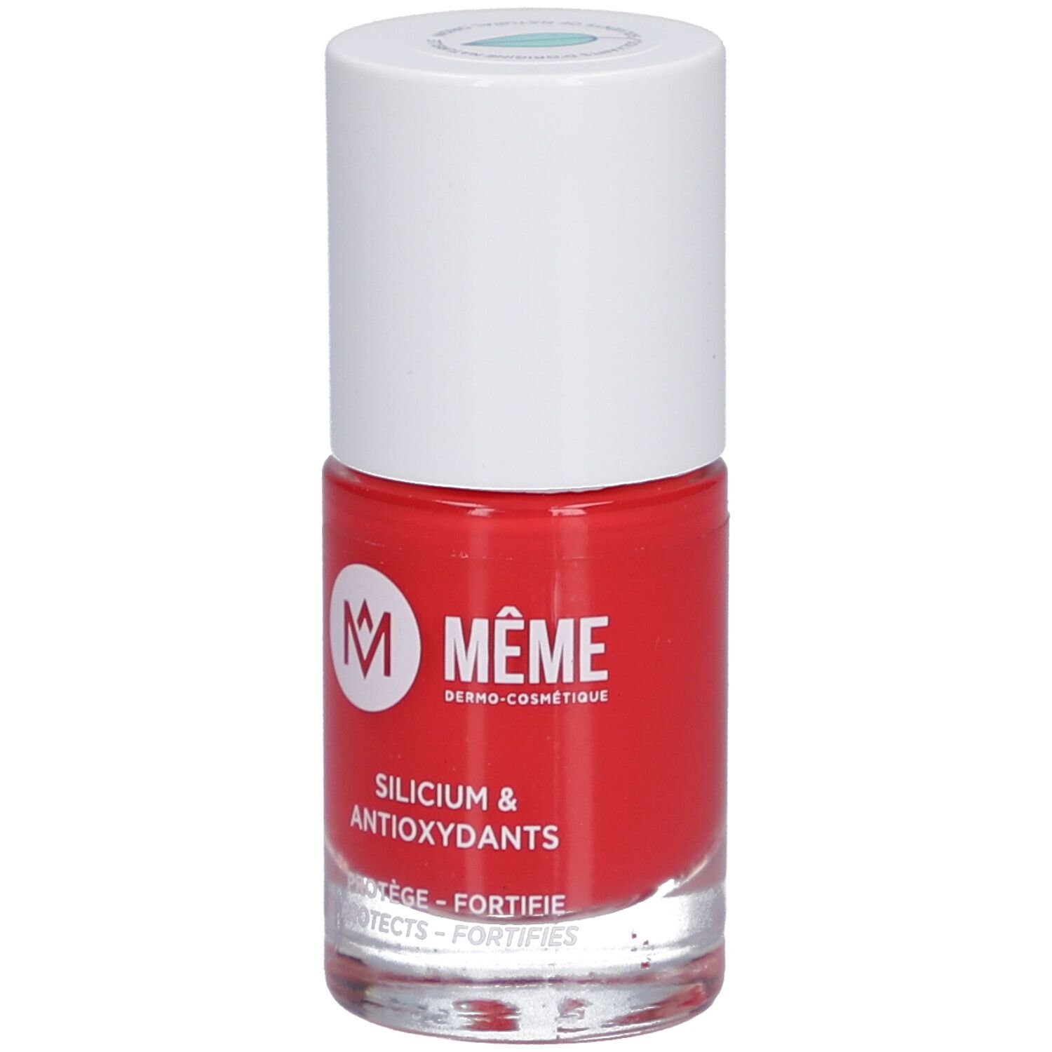 Rote Nagellackflasche mit weißem Deckel. Aufschrift: MEME, Silicium & Antioxidantien.