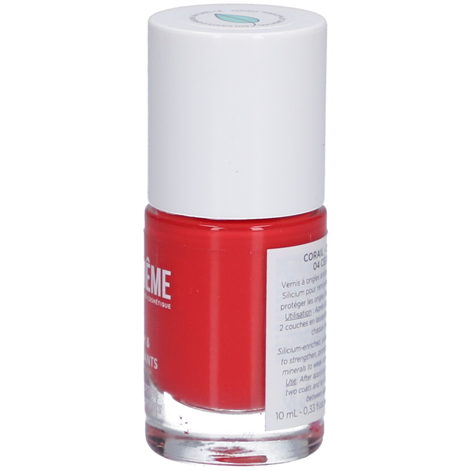 Rote Nagellackflasche mit weißem Deckel. Produktinformationen auf der Rückseite, Farbton: 04 Corail.