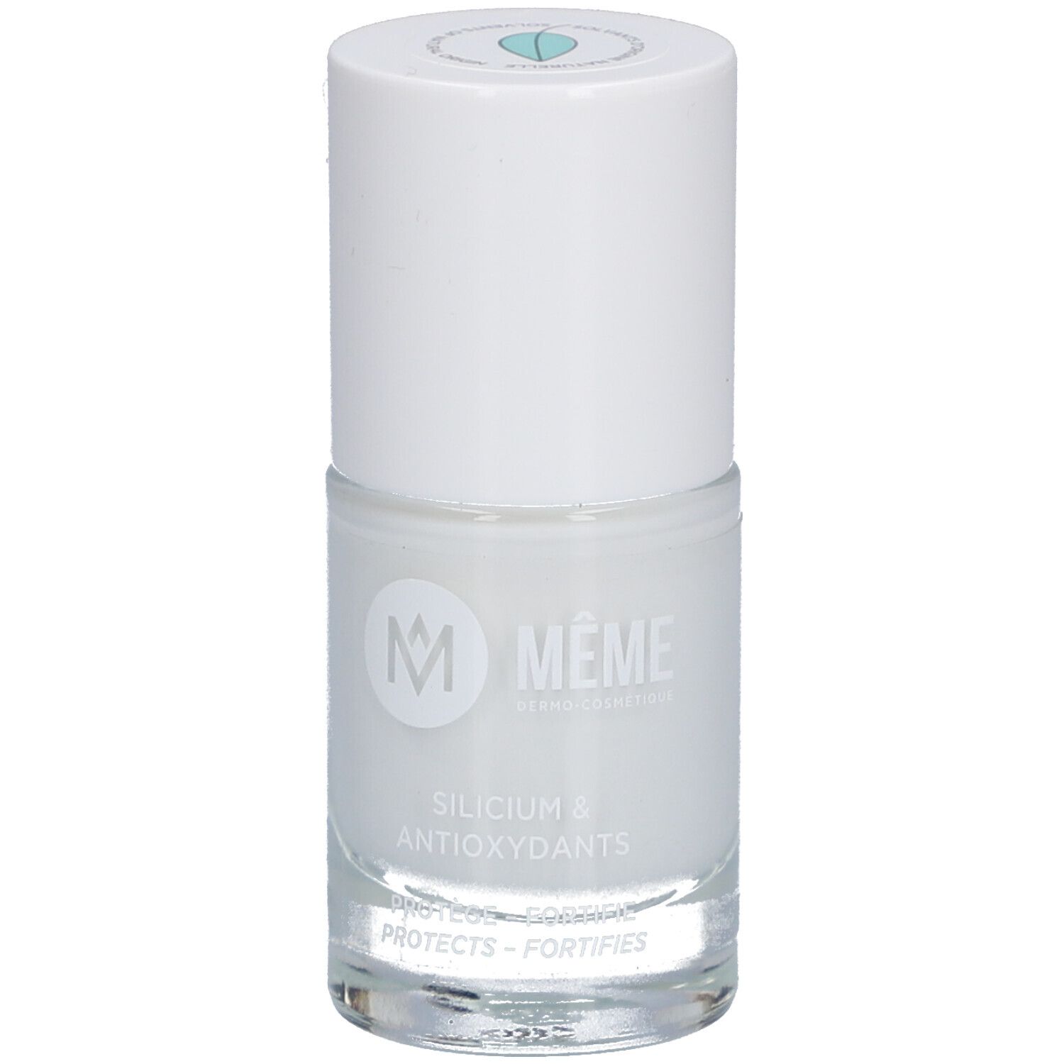 MEME Nagellack, weiß. Flasche mit weißem Deckel. Aufschrift: Silicium & Antioxidantien.