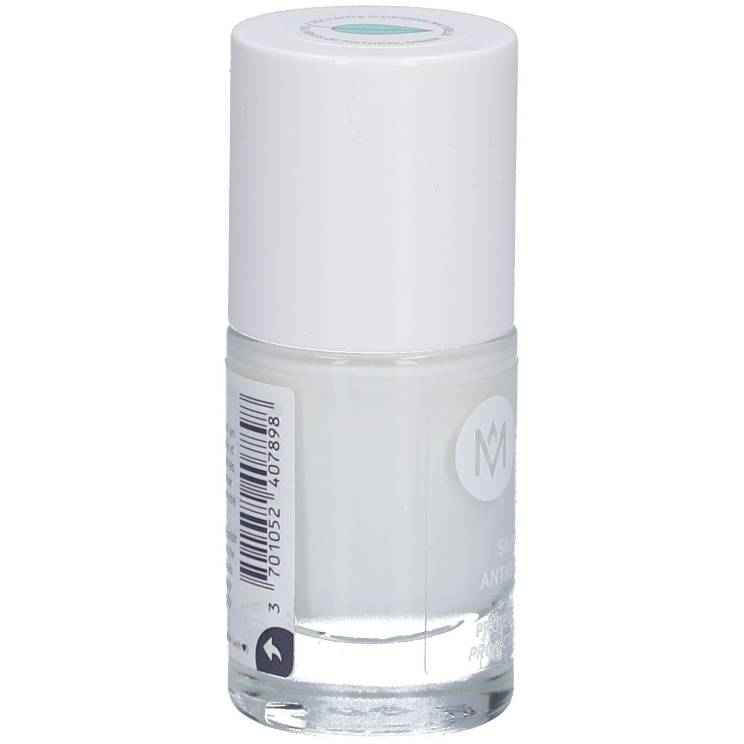 MEME Nagellack, weiß. Flasche mit weißem Deckel. Rückseite mit Barcode und Text.