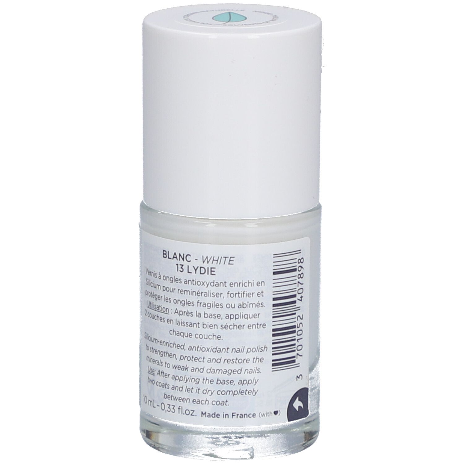 MEME Nagellack, weiß. Flasche mit weißem Deckel. Aufschrift: Blanc 13 Lydie. Text auf Französisch.