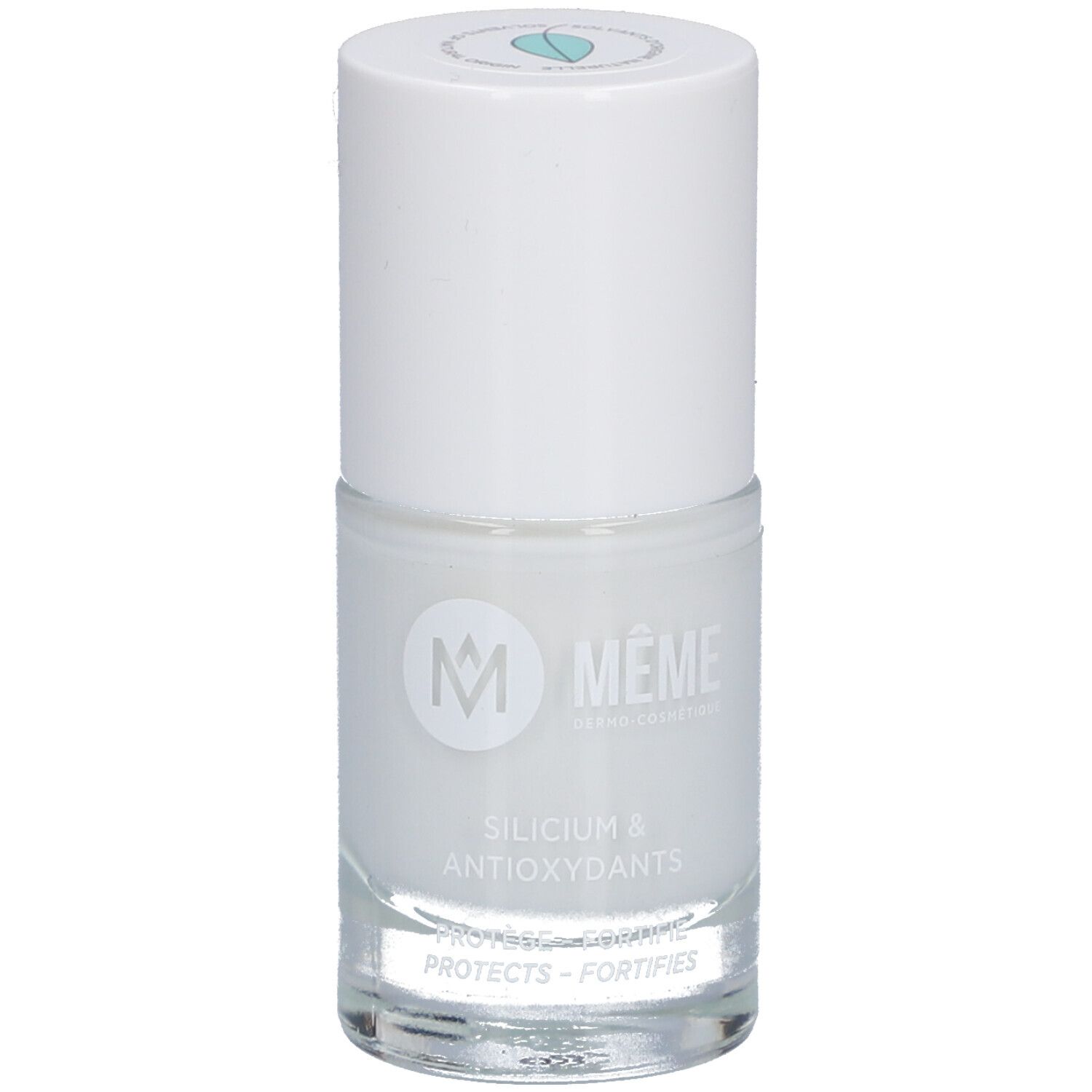 MEME Nagellack, weiß. Flasche mit weißem Deckel. Aufschrift: Silicium & Antioxidantien.