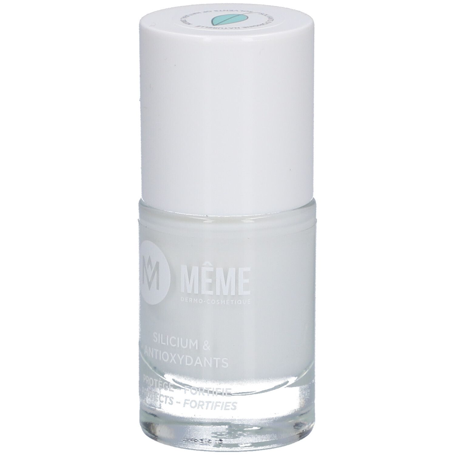 MEME Nagellack, weiß. Flasche mit weißem Deckel. Aufschrift: Silicium & Antioxidantien.