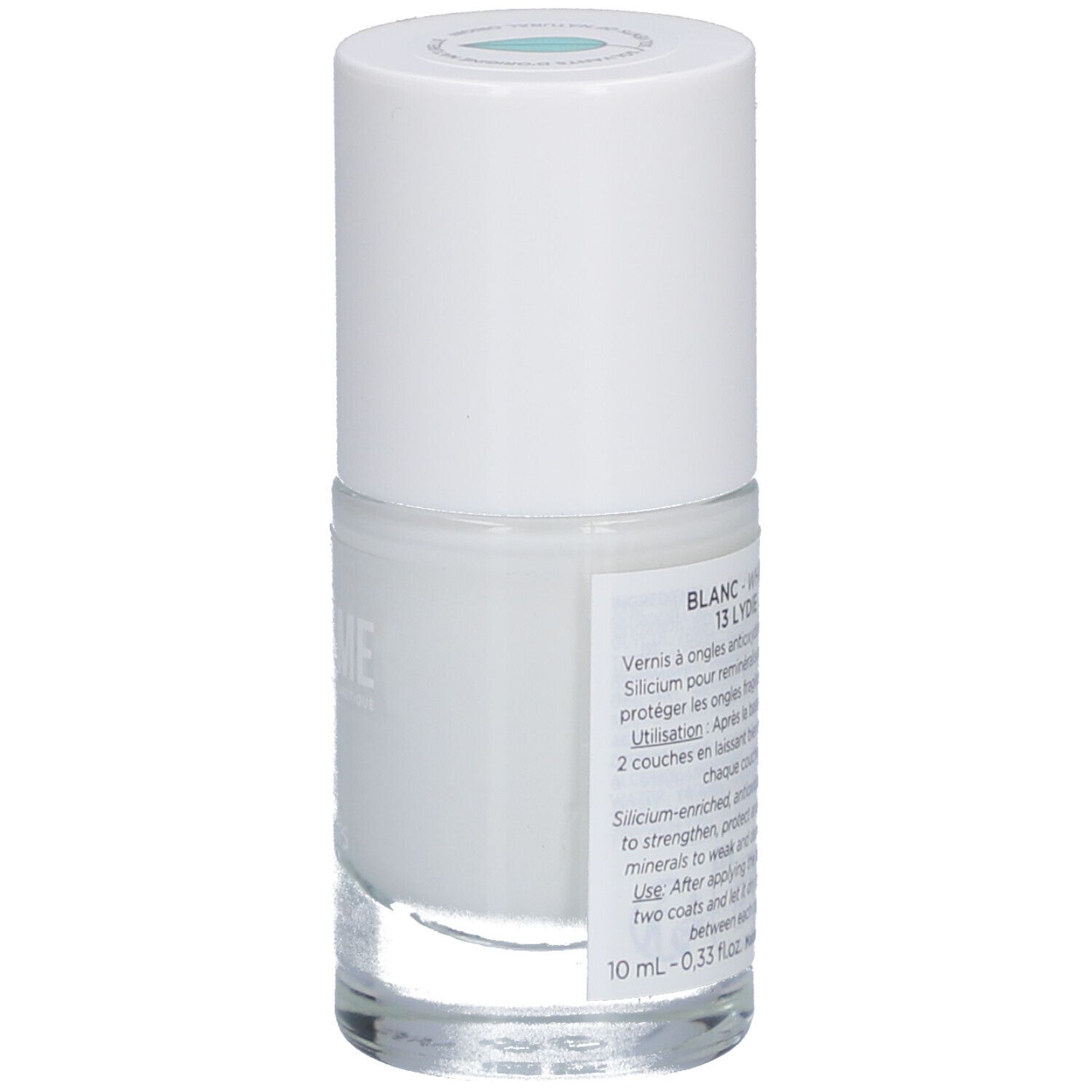 MEME Nagellack, weiß. Flasche mit weißem Deckel. Aufschrift: Blanc 13 Lydie. Text auf Französisch.