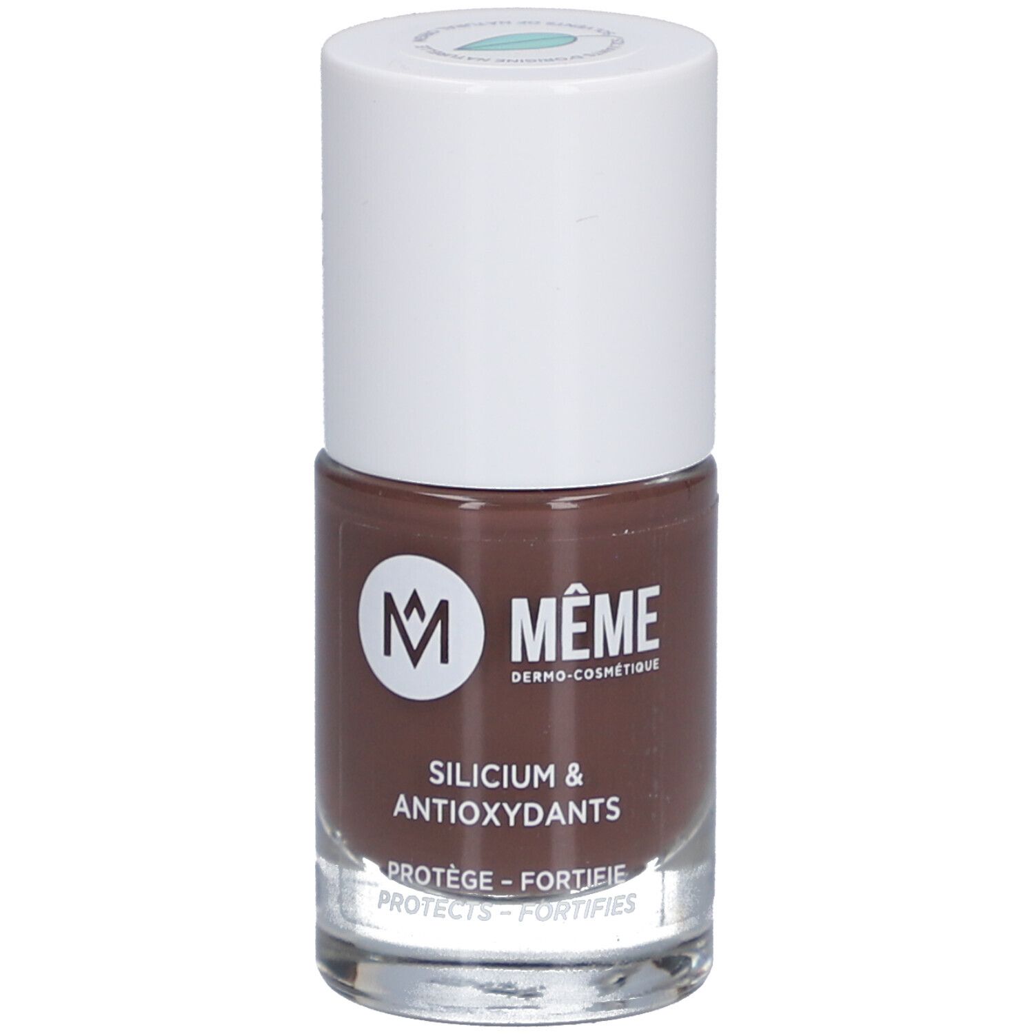 Nagellackflasche, braune Farbe. Weißer Deckel, Markenlogo und Schriftzug.