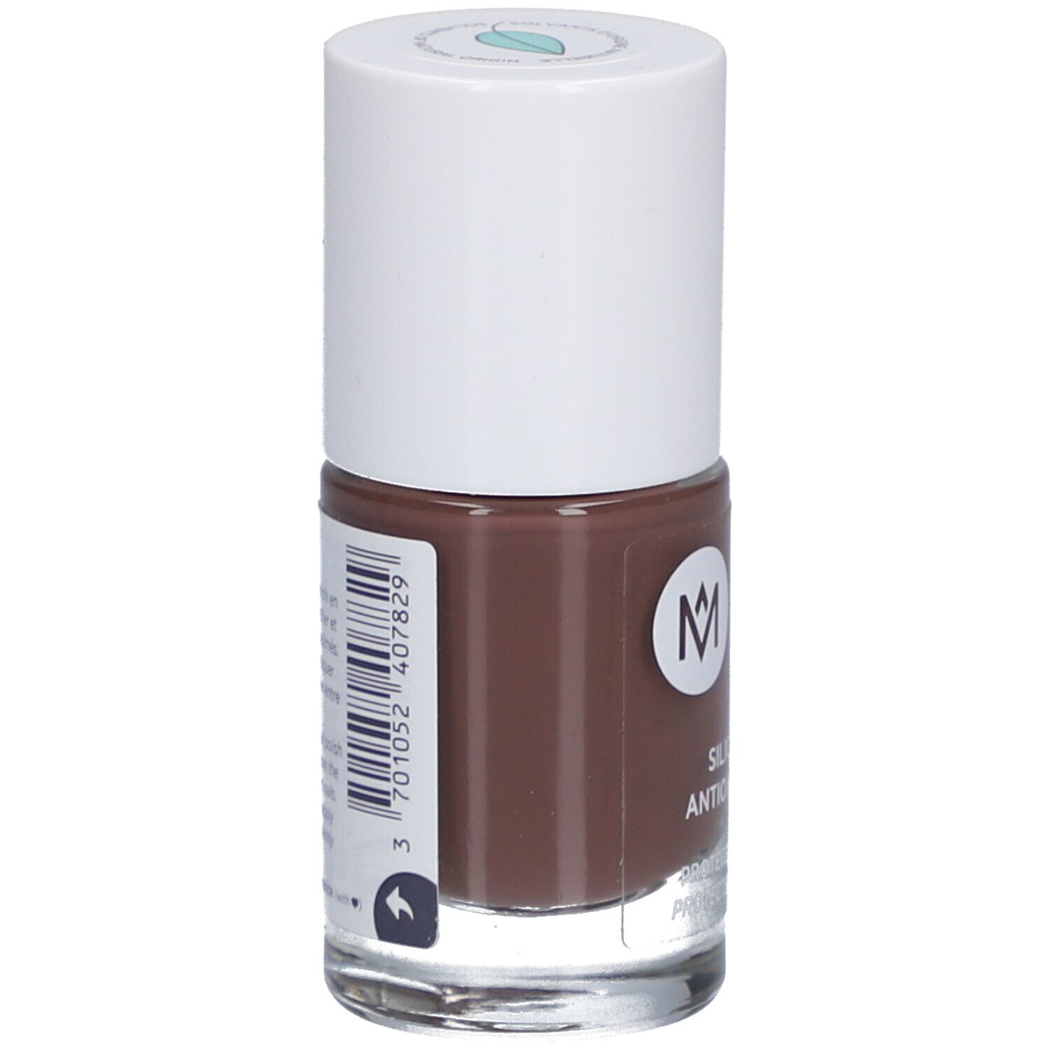 Nagellackflasche, braune Farbe. Weißer Deckel, Barcode und Markenlogo.