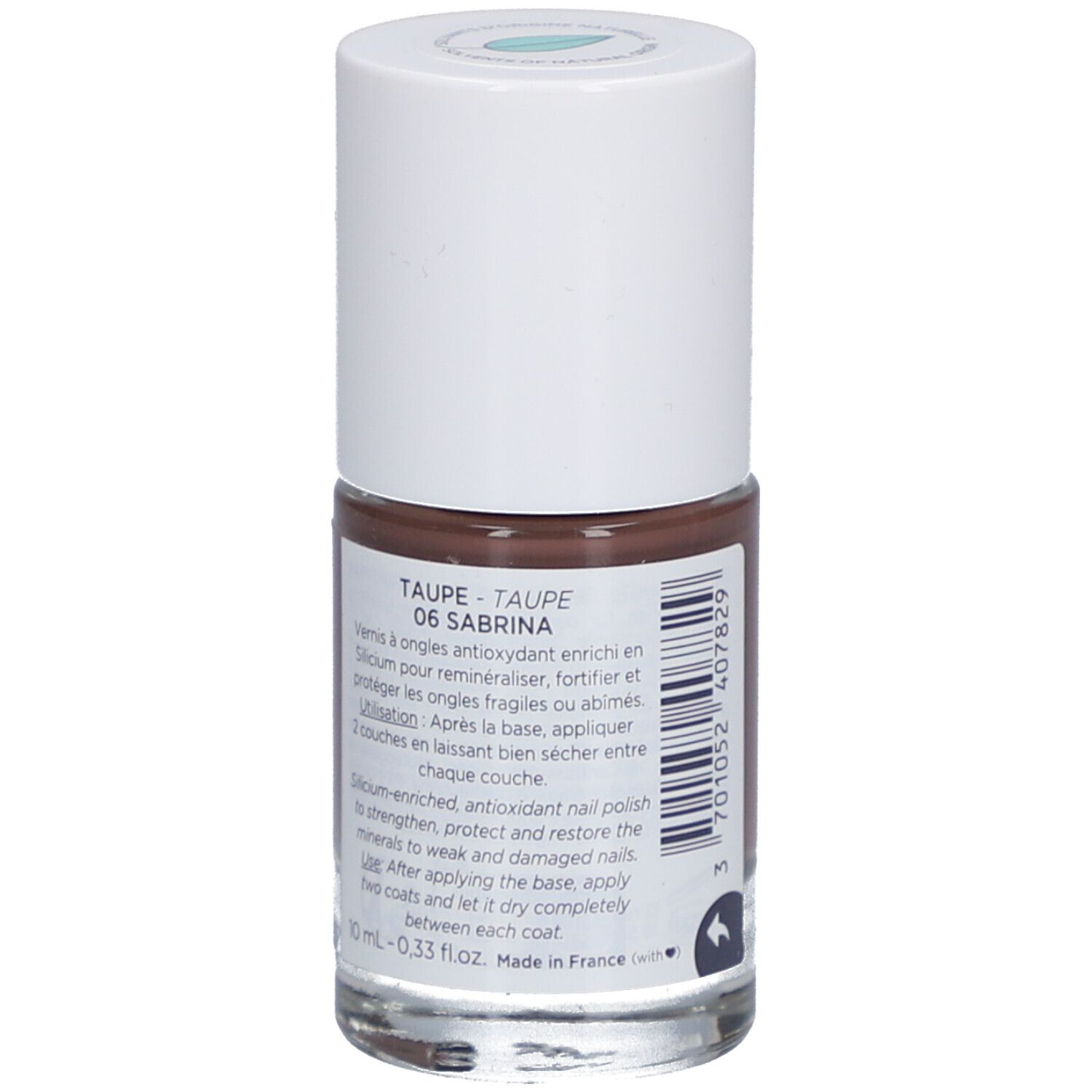 Nagellackflasche, braune Farbe. Weißer Deckel, Text mit Produktinformationen.