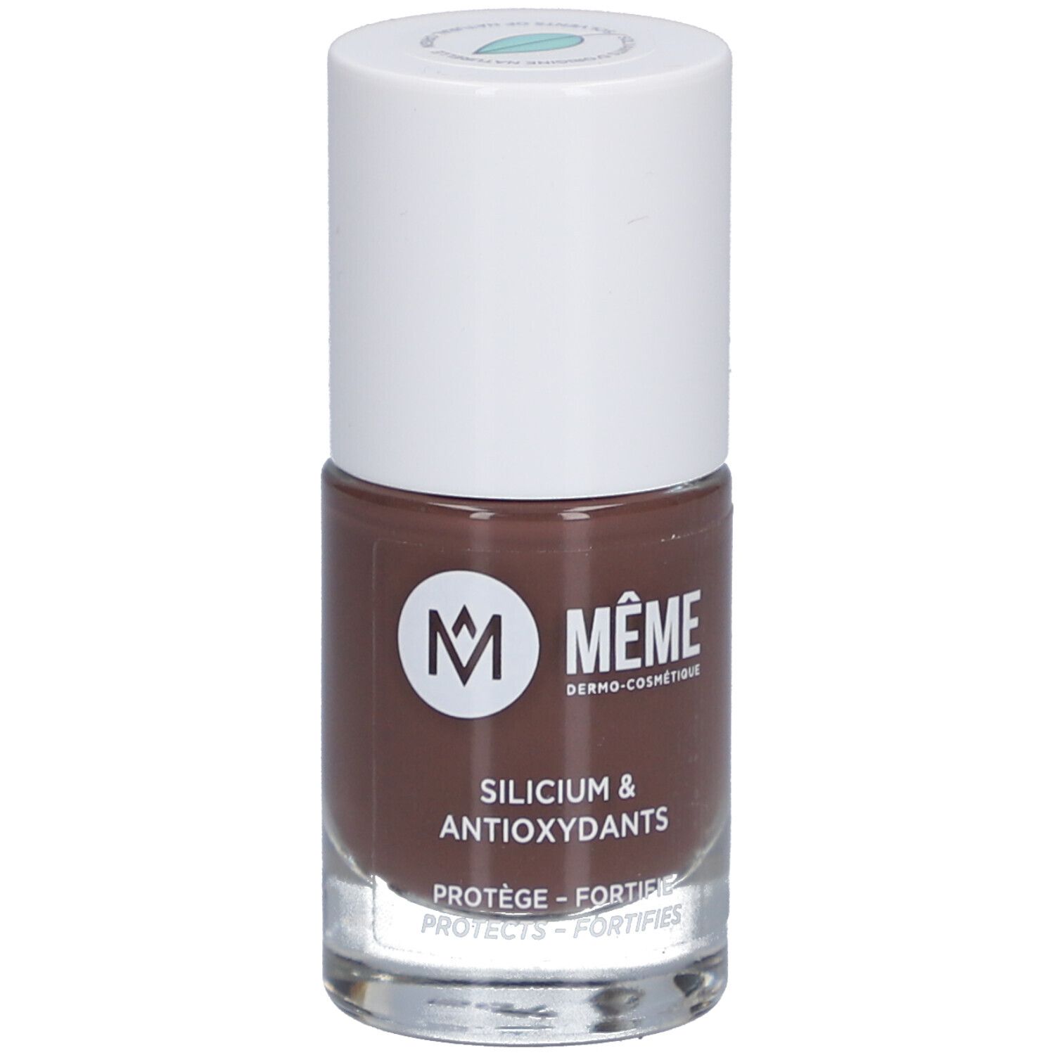 Nagellackflasche, braune Farbe. Weißer Deckel, Markenlogo und Schriftzug.