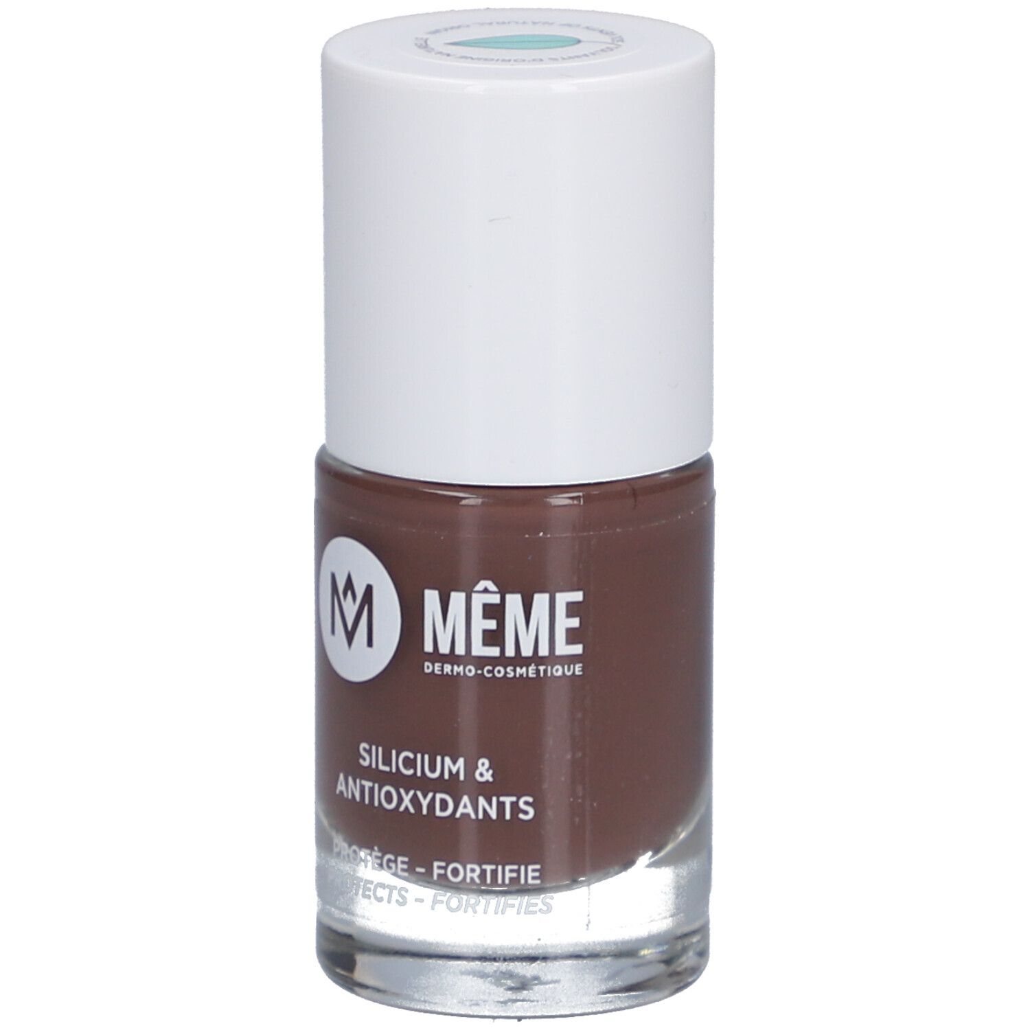 Nagellackflasche, braune Farbe. Weißer Deckel, Markenlogo und Schriftzug.
