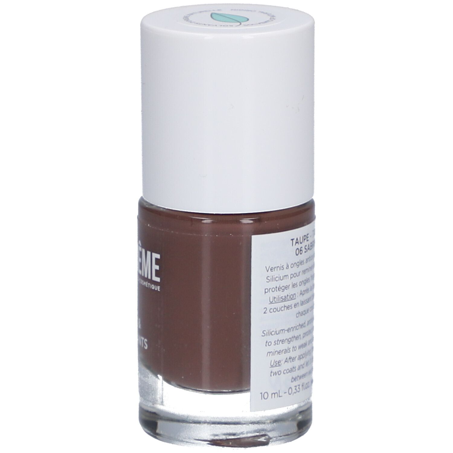 Nagellackflasche, braune Farbe. Weißer Deckel, Text mit Produktinformationen.