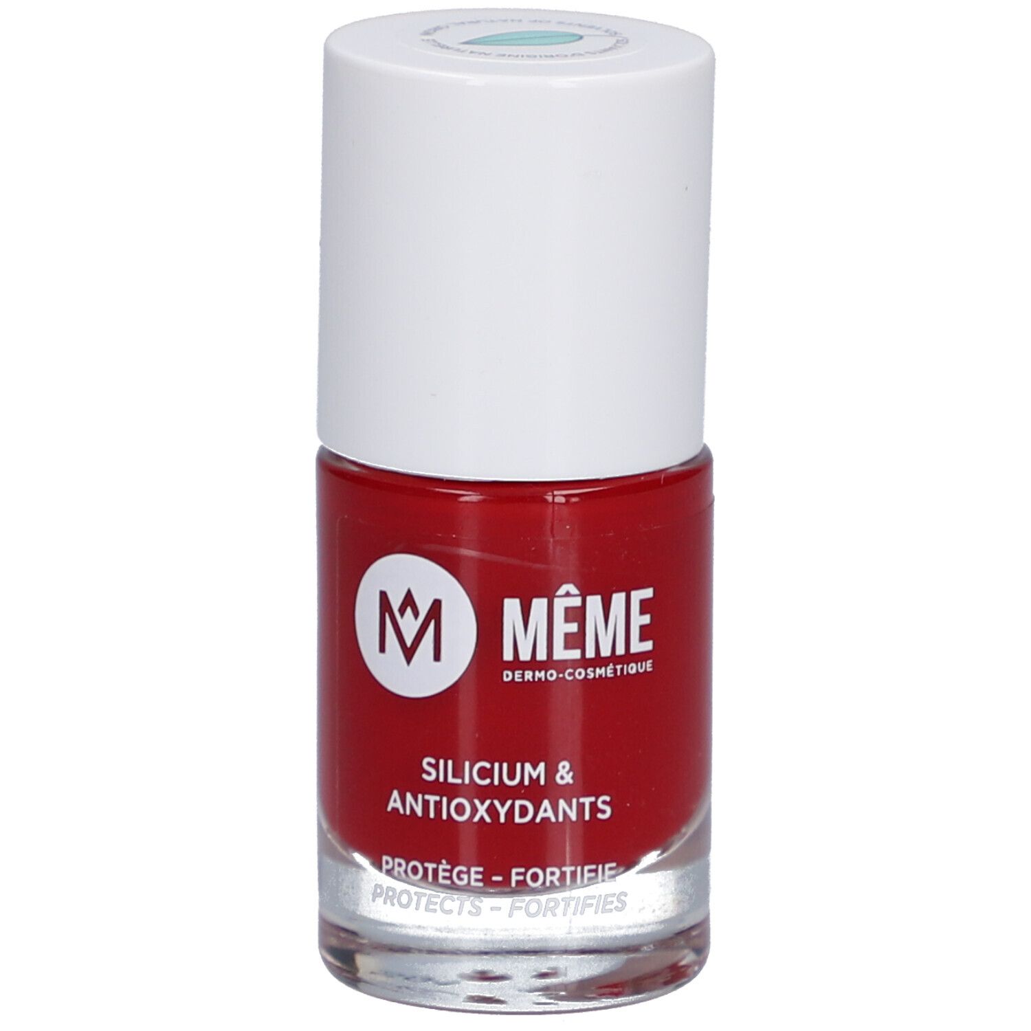 Roter Nagellackflakon. Weißer Deckel. Marke: MÊME. Aufschrift: Silicium & Antioxidantien.
