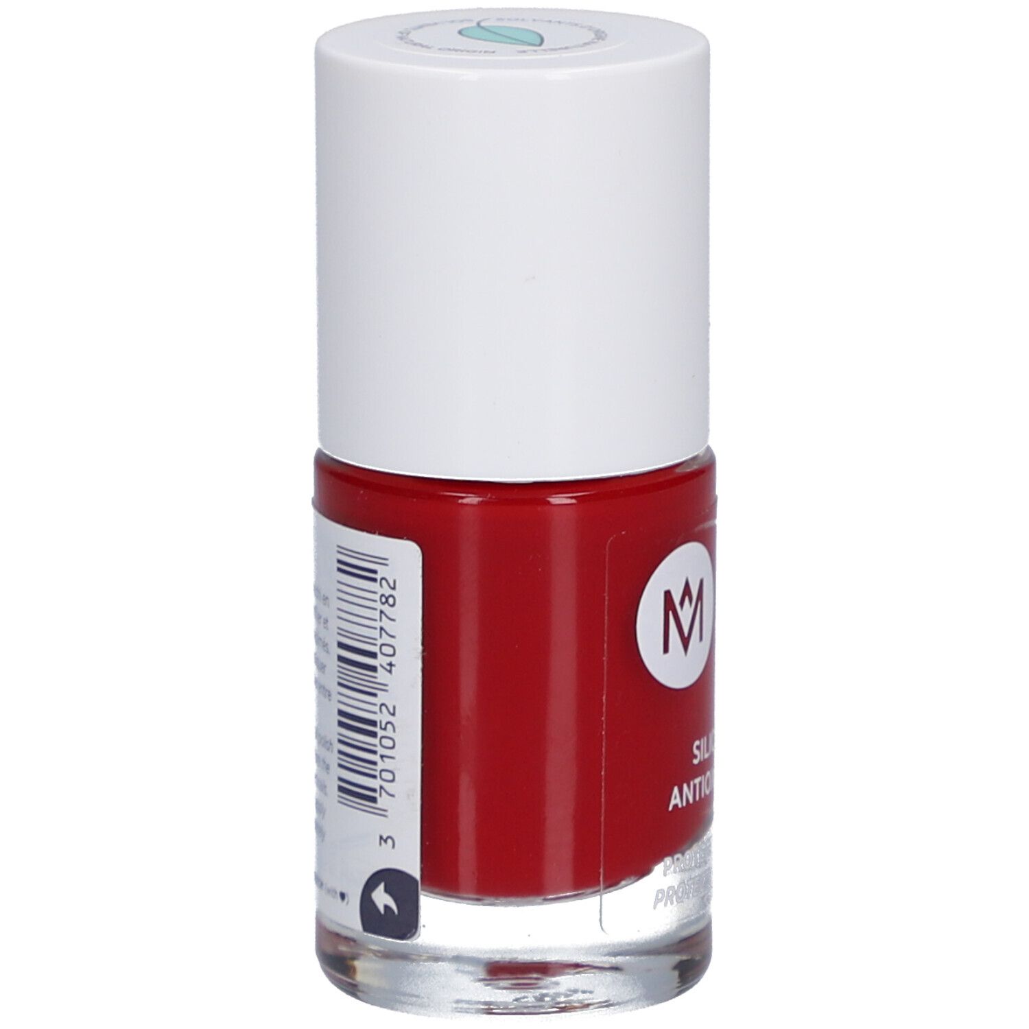 Roter Nagellackflakon. Weißer Deckel. Rückseite mit Barcode und Text. Marke: MÊME.