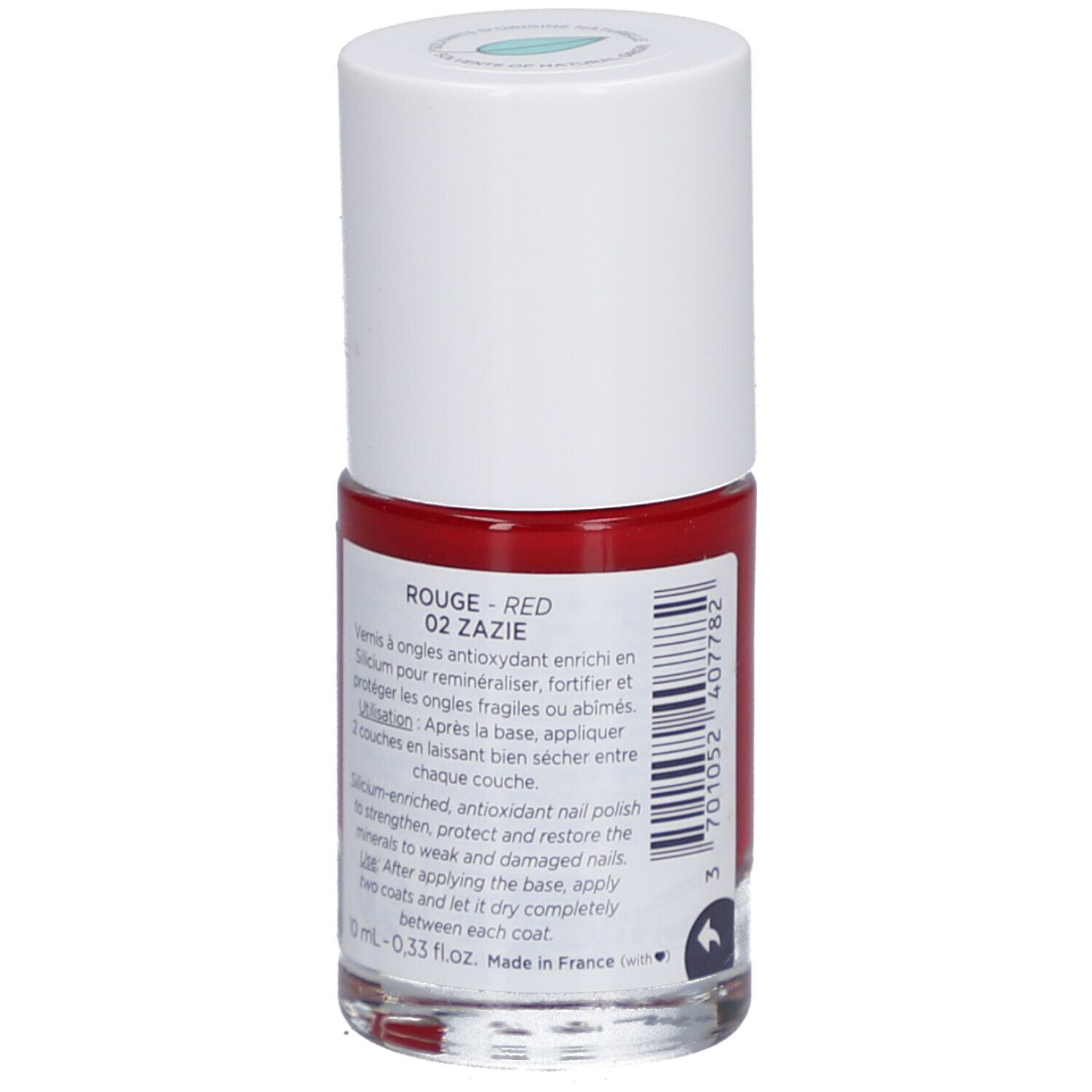 Roter Nagellackflakon. Weißer Deckel. Rückseite mit Text: Rouge - Red 02 Zazie. 10 ml.