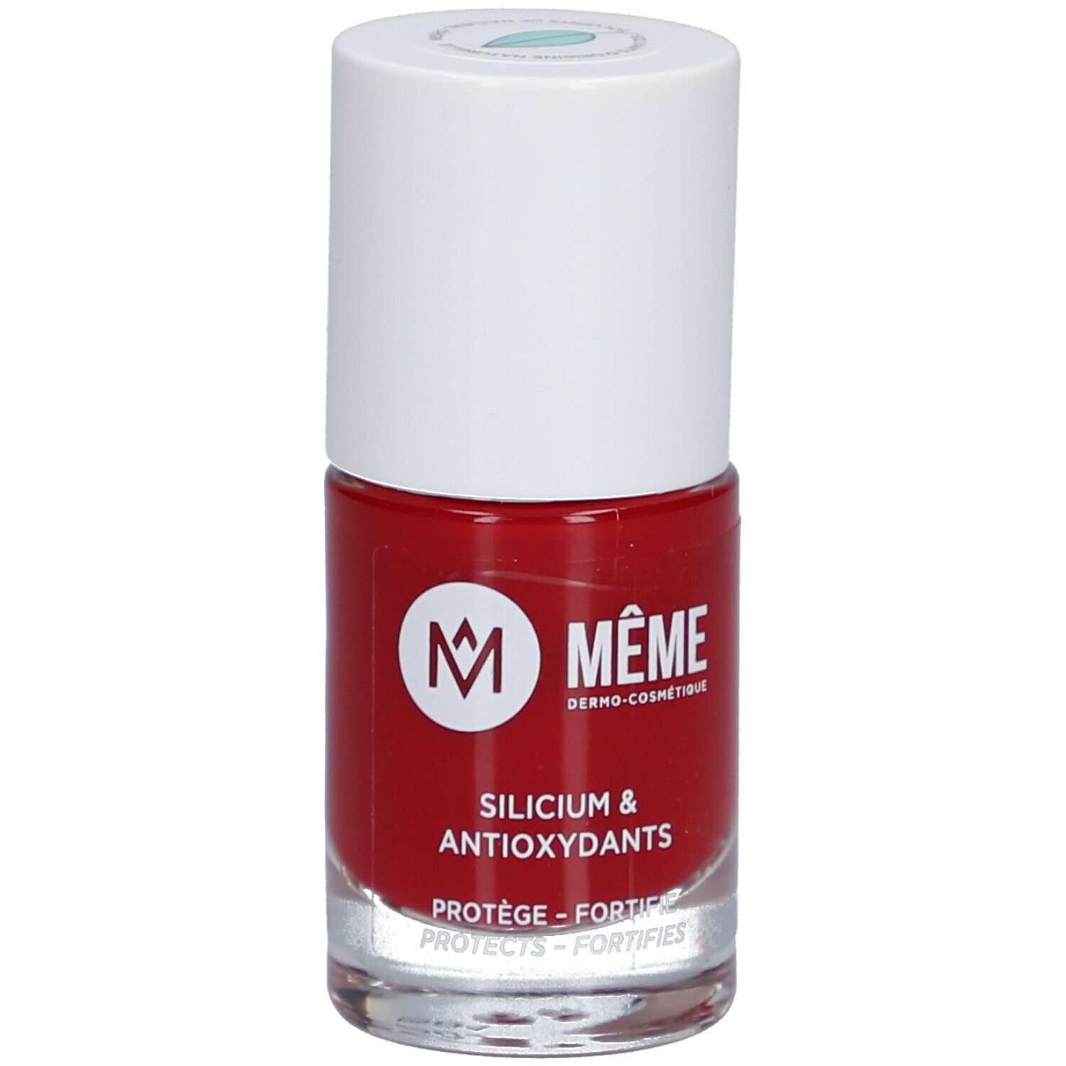 Roter Nagellackflakon. Weißer Deckel. Marke: MÊME. Aufschrift: Silicium & Antioxidantien.
