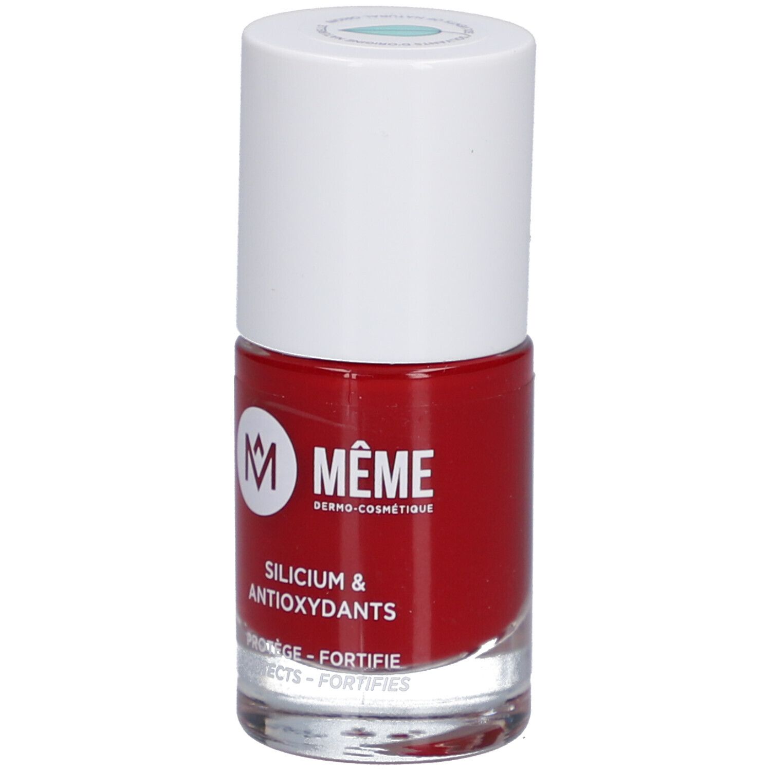 Roter Nagellackflakon. Weißer Deckel. Marke: MÊME. Aufschrift: Silicium & Antioxidantien.