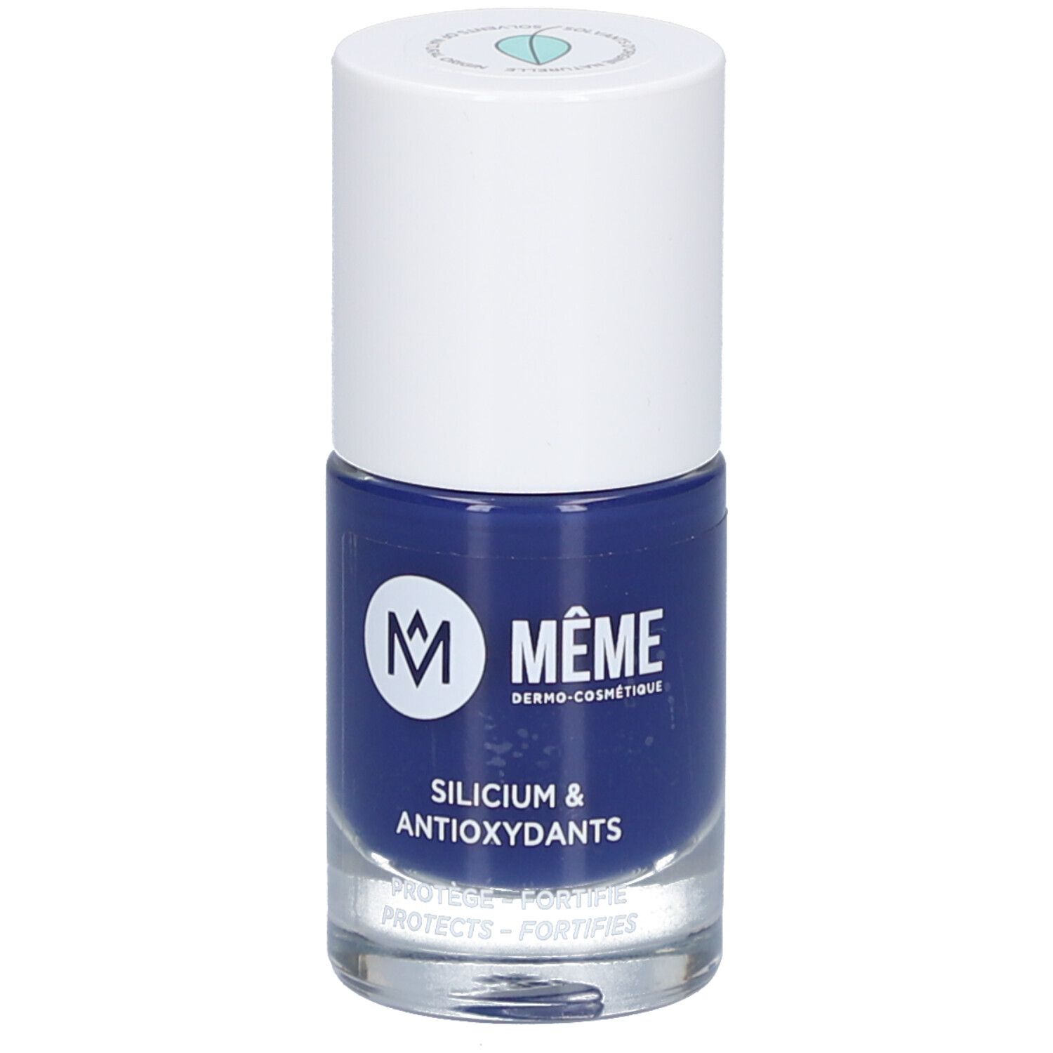 Nagellackflasche mit blauem Lack. Weißer Deckel, Markenlogo und Schriftzug.