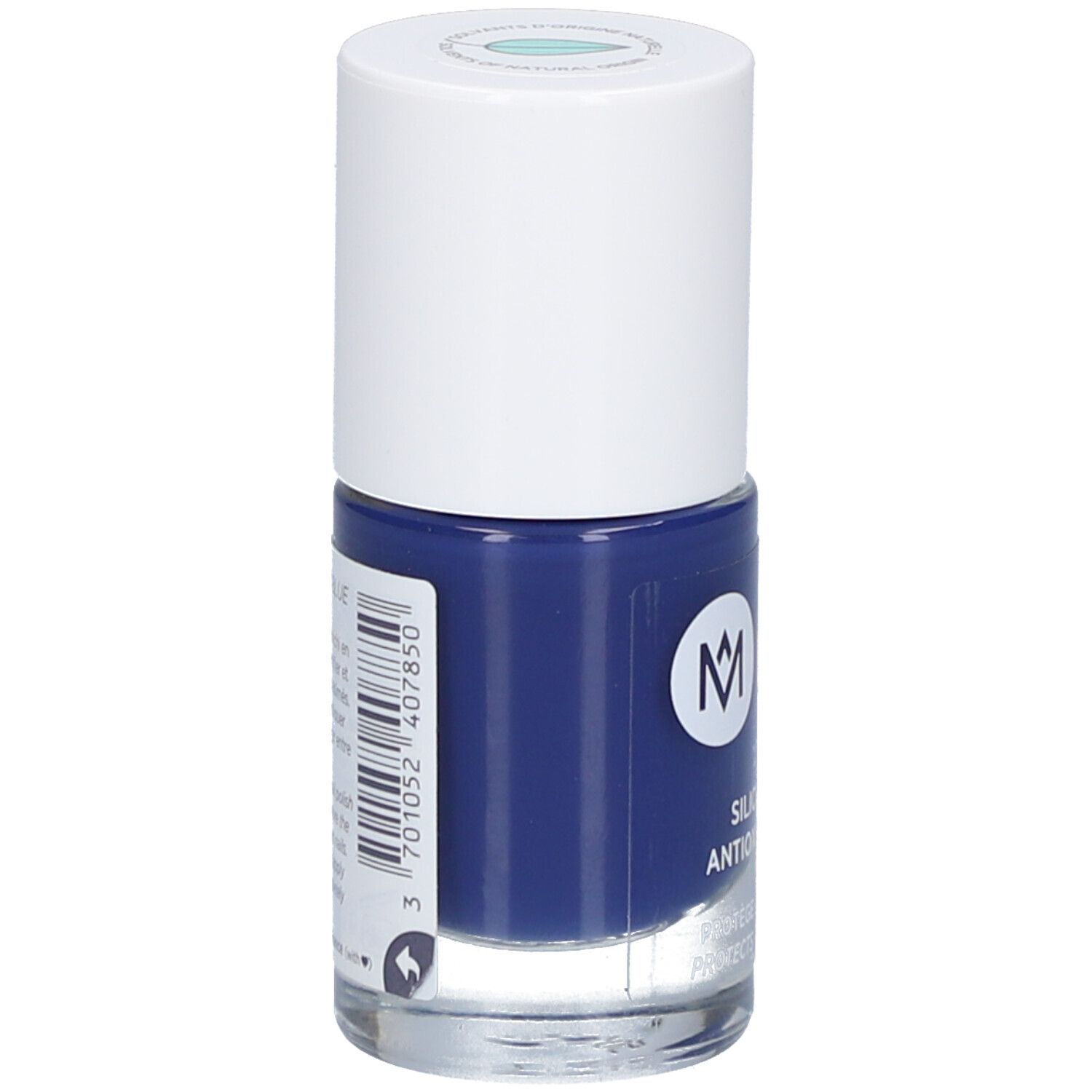 Nagellackflasche mit blauem Lack. Barcode und Text auf der Rückseite.