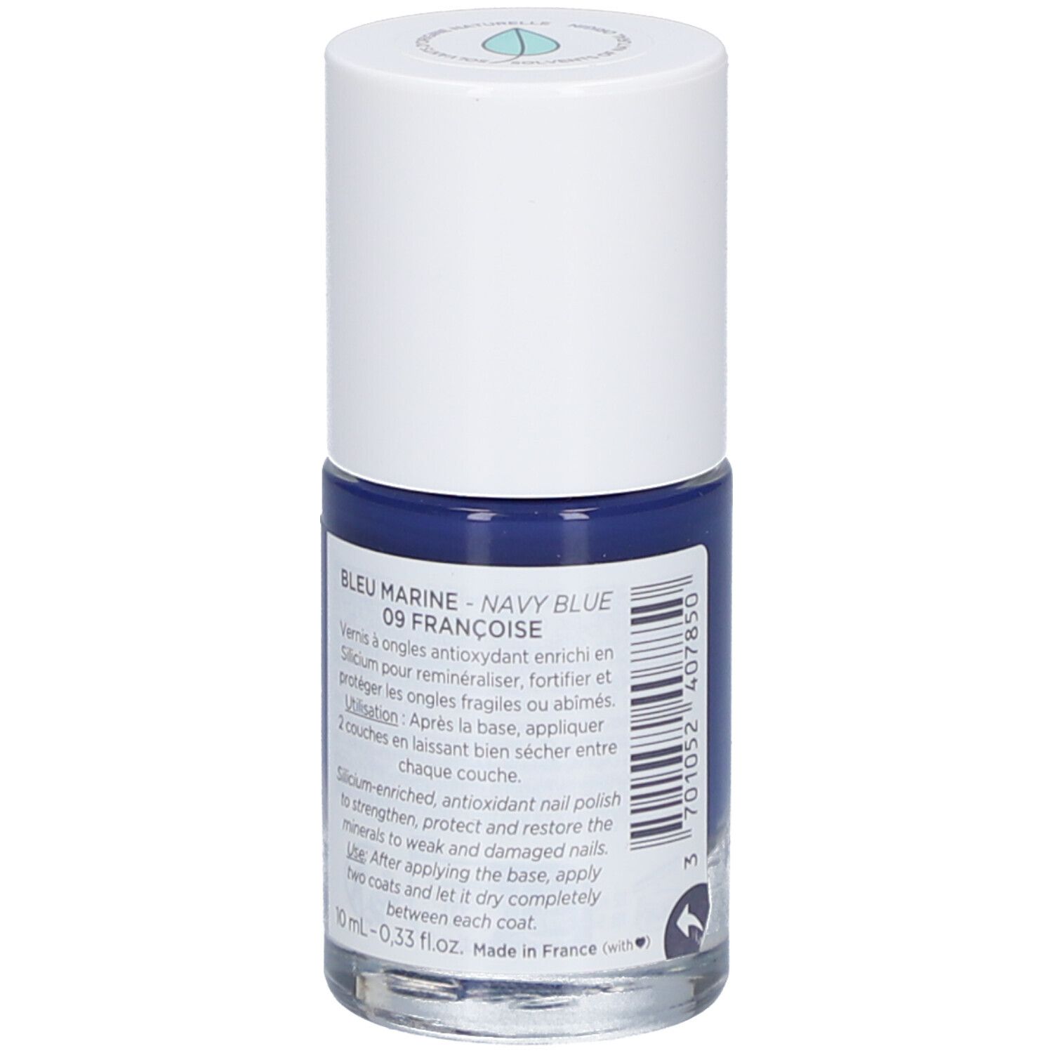 Nagellackflasche mit blauem Lack. Text mit Produktinformationen auf der Rückseite.