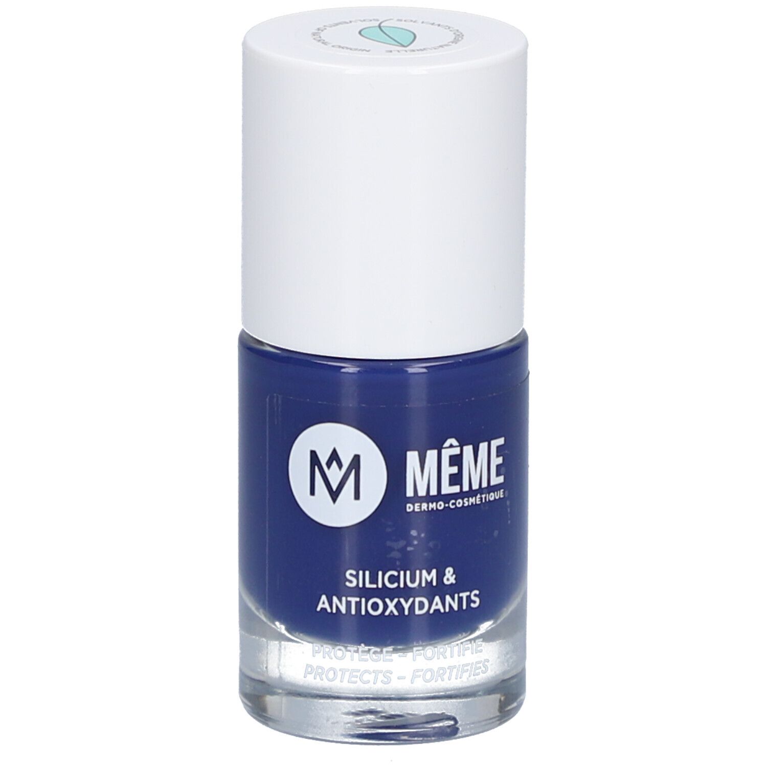 Nagellackflasche mit blauem Lack. Weißer Deckel, Markenlogo und Schriftzug.