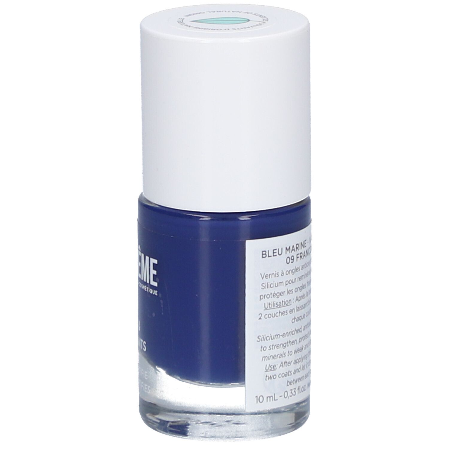 Nagellackflasche mit blauem Lack. Text mit Produktinformationen auf der Rückseite.