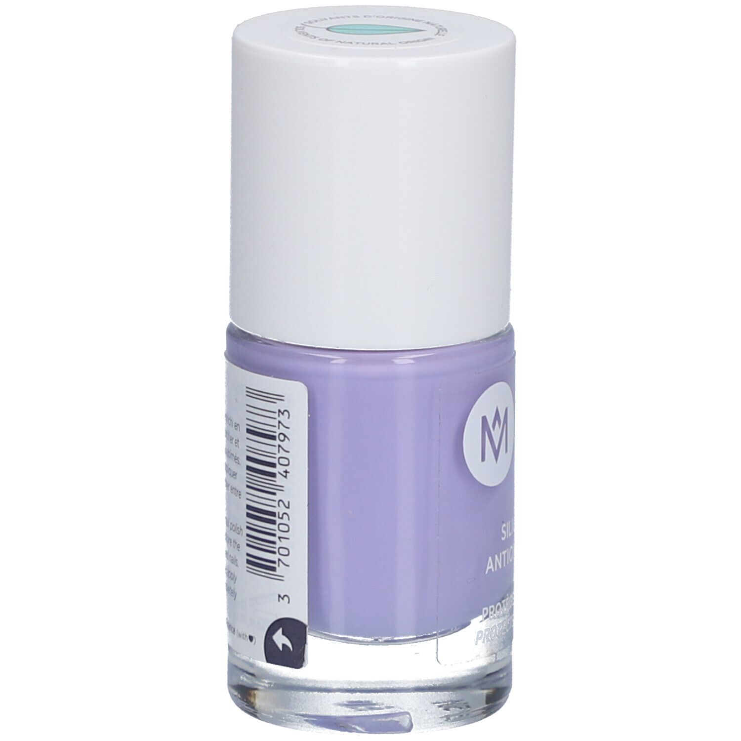 Nagellackflasche, lila. Weißer Deckel. Marke MÊME. Barcode und Produktinformationen auf der Rückseite.
