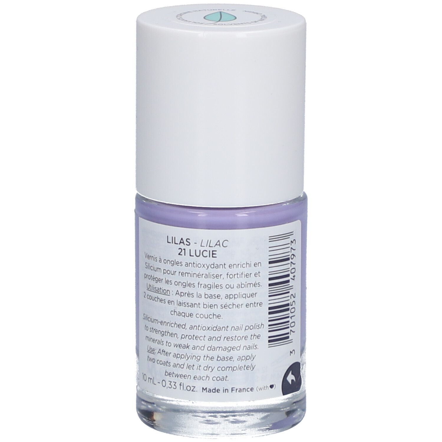 Nagellackflasche, lila. Aufschrift: Lilas-Lilac 21 Lucie. Produktinformationen auf Französisch und Englisch.