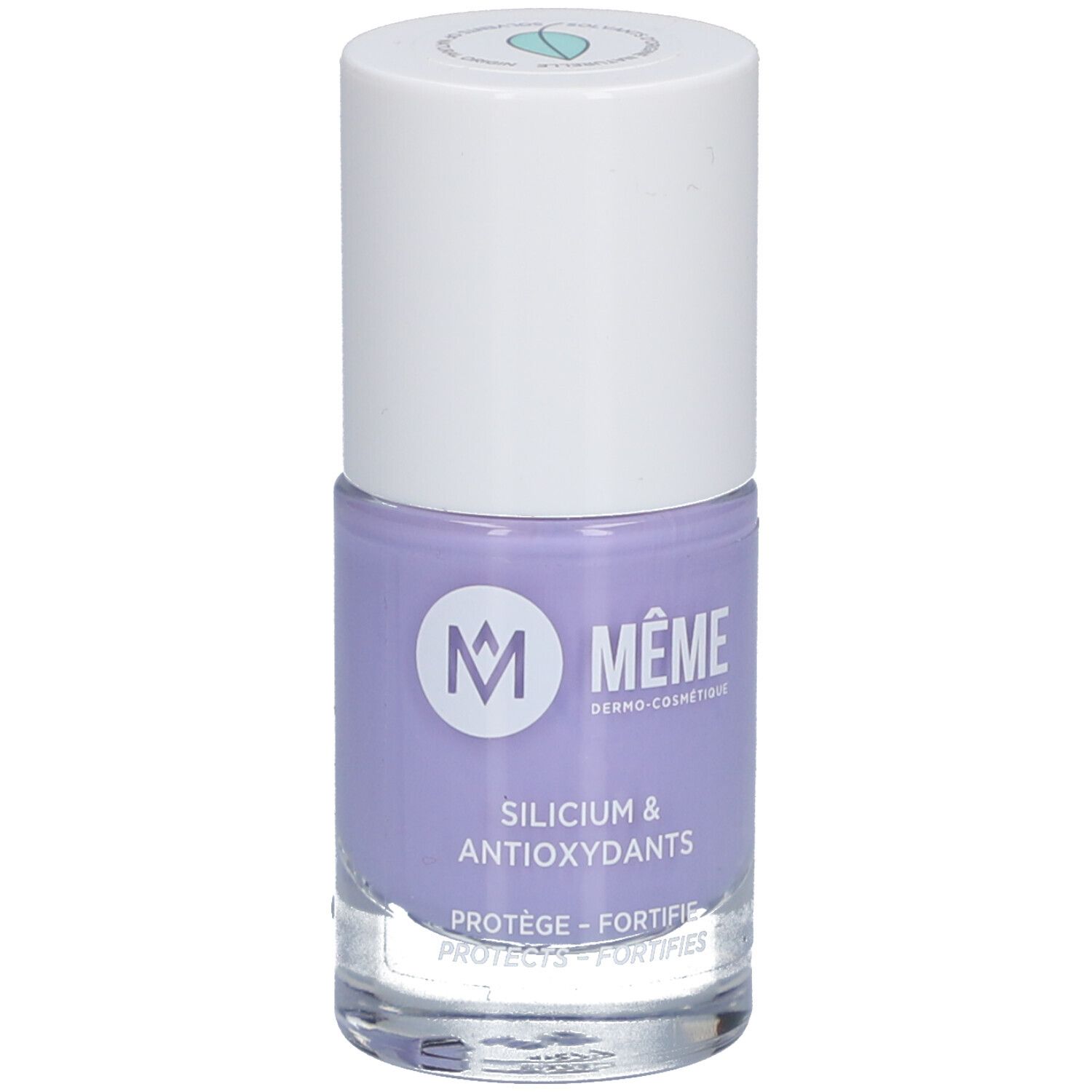 Nagellackflasche, lila. Weißer Deckel, Marke MÊME. Aufschrift: Silicium & Antioxydants. Schützt, stärkt.