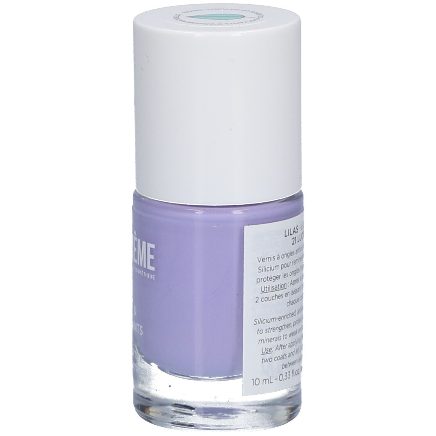 Nagellackflasche, lila. Aufschrift: Lilas 21 Lucie. Produktinformationen auf Französisch und Englisch. 10 ml.