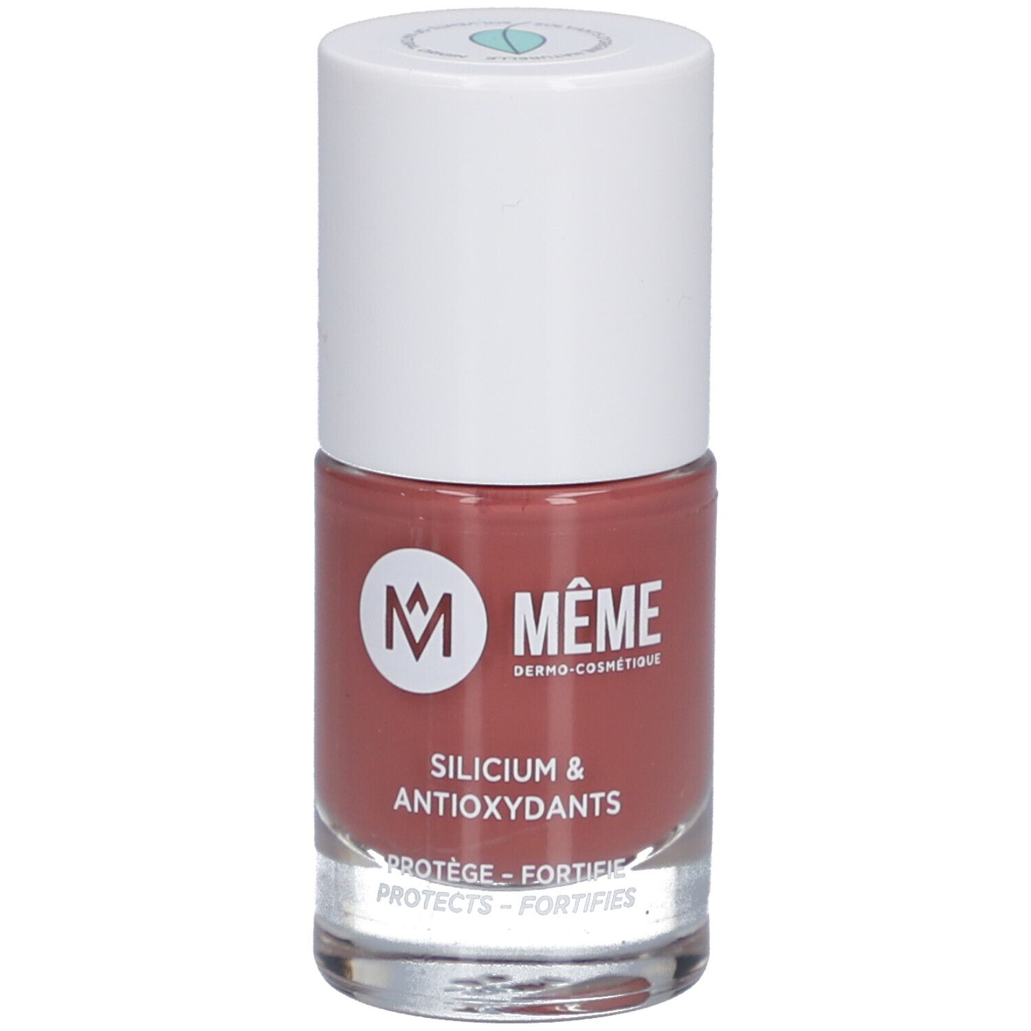Nagellackflasche mit rosafarbenem Inhalt. Weißer Deckel mit grünem Logo. Aufschrift: MEME, Silicium & Antioxidantien.