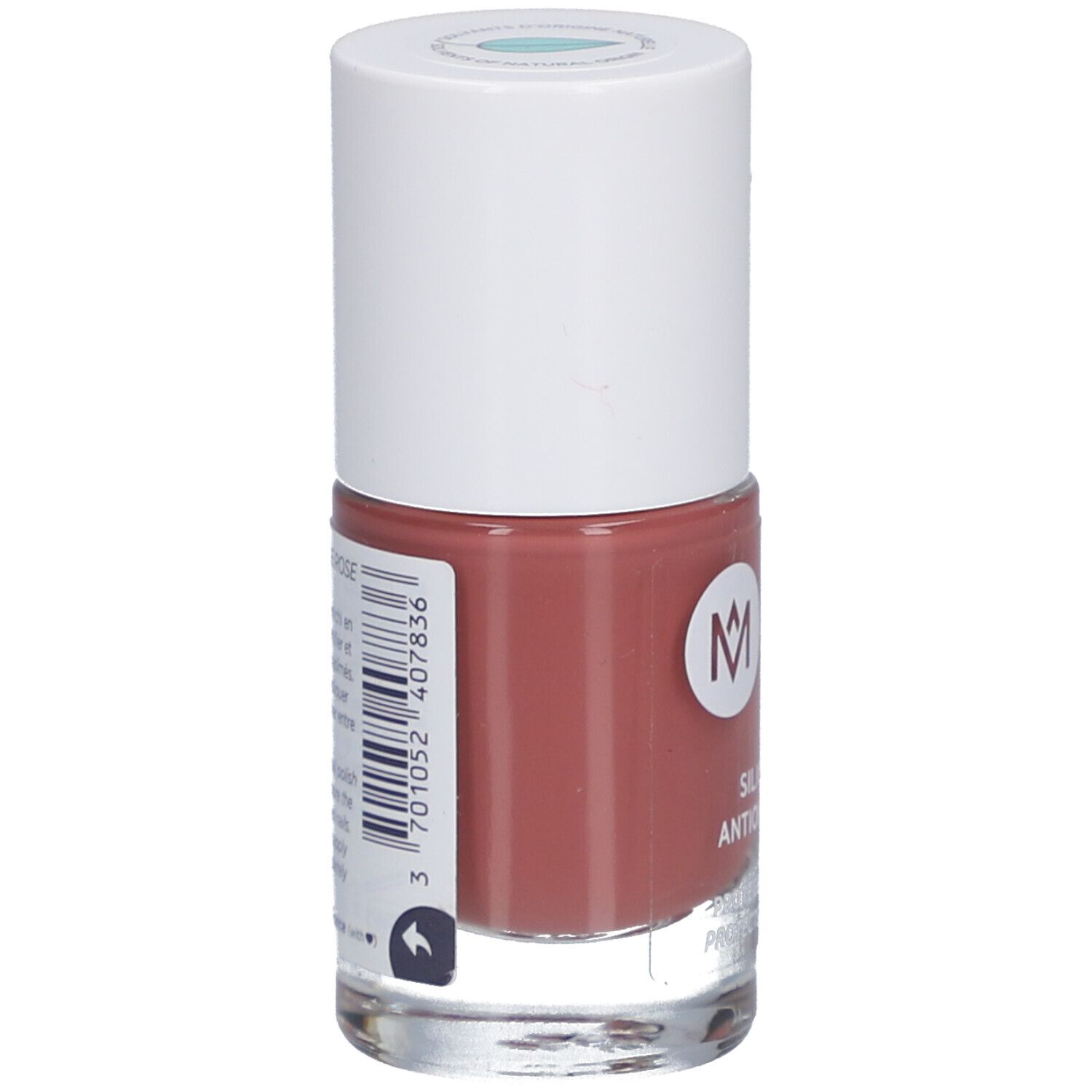 Nagellackflasche, rosafarbener Inhalt. Weißer Deckel. Barcode und Text auf der Rückseite. Marke MEME.